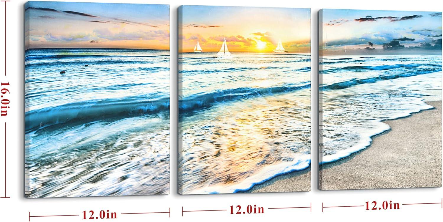 Asdg12s-3 Panel Wall Art Blue Sea Sunset White Beach Painting The Picture Print On Canvas Seascape The Pictures for Home Decor Decoration,Ready to Hang