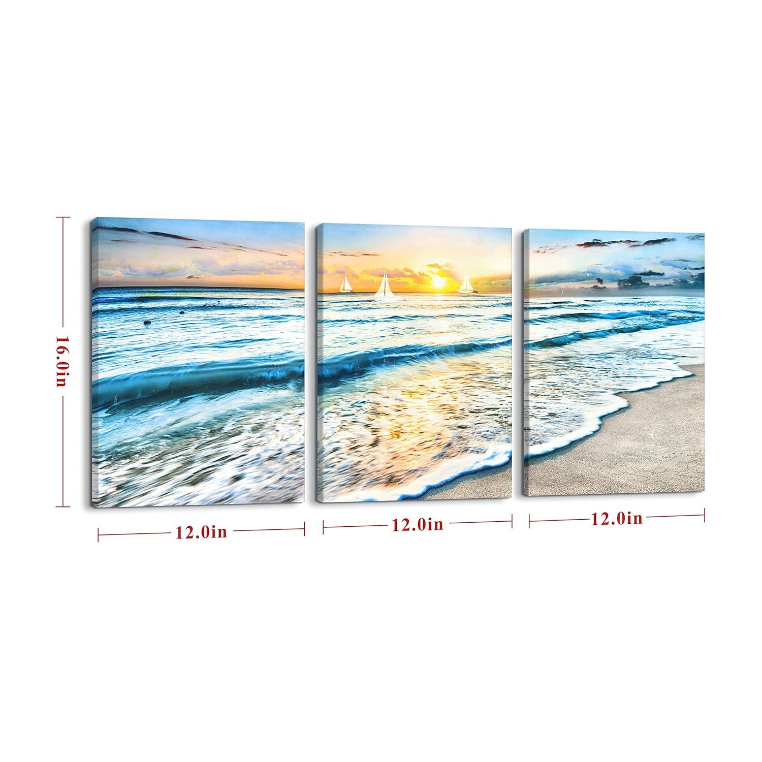 Asdg12s-3 Panel Wall Art Blue Sea Sunset White Beach Painting The Picture Print On Canvas Seascape The Pictures for Home Decor Decoration,Ready to Hang