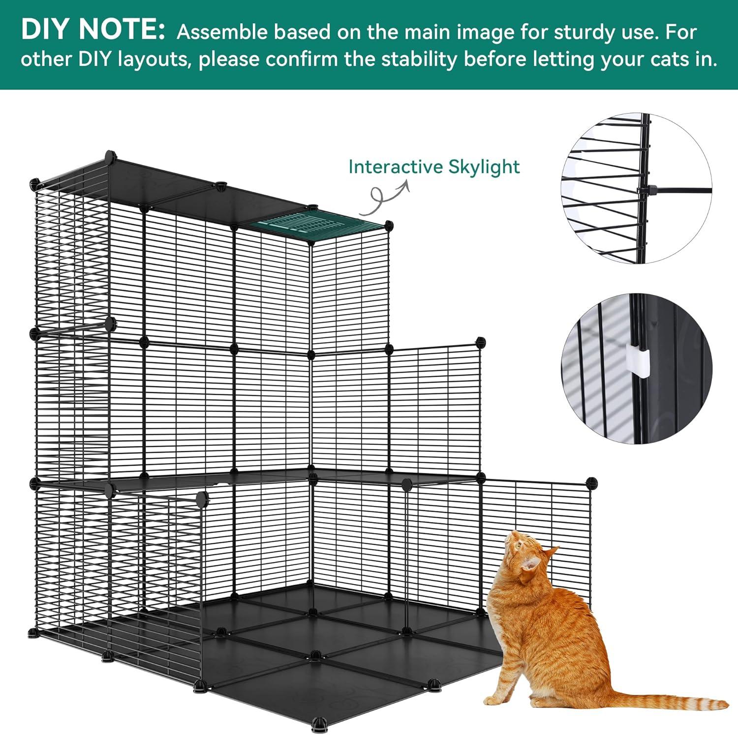 Dextrus Cat Cage Indoor Large with Hammock 4 Tier Outdoor Cat Enclosure Catio Metal Kennels for 1-3 Cats, DIY Detachable Pet Playpen, Black