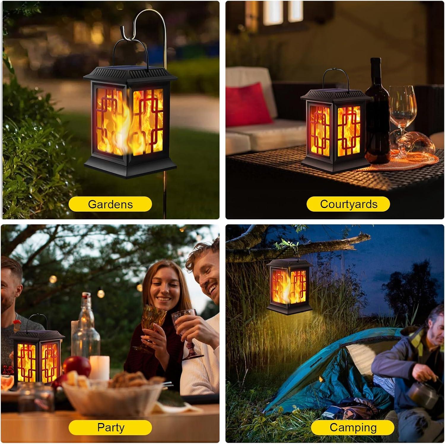 Matte Black Solar LED Lanterns with Flickering Flame Effect, 2 Pack