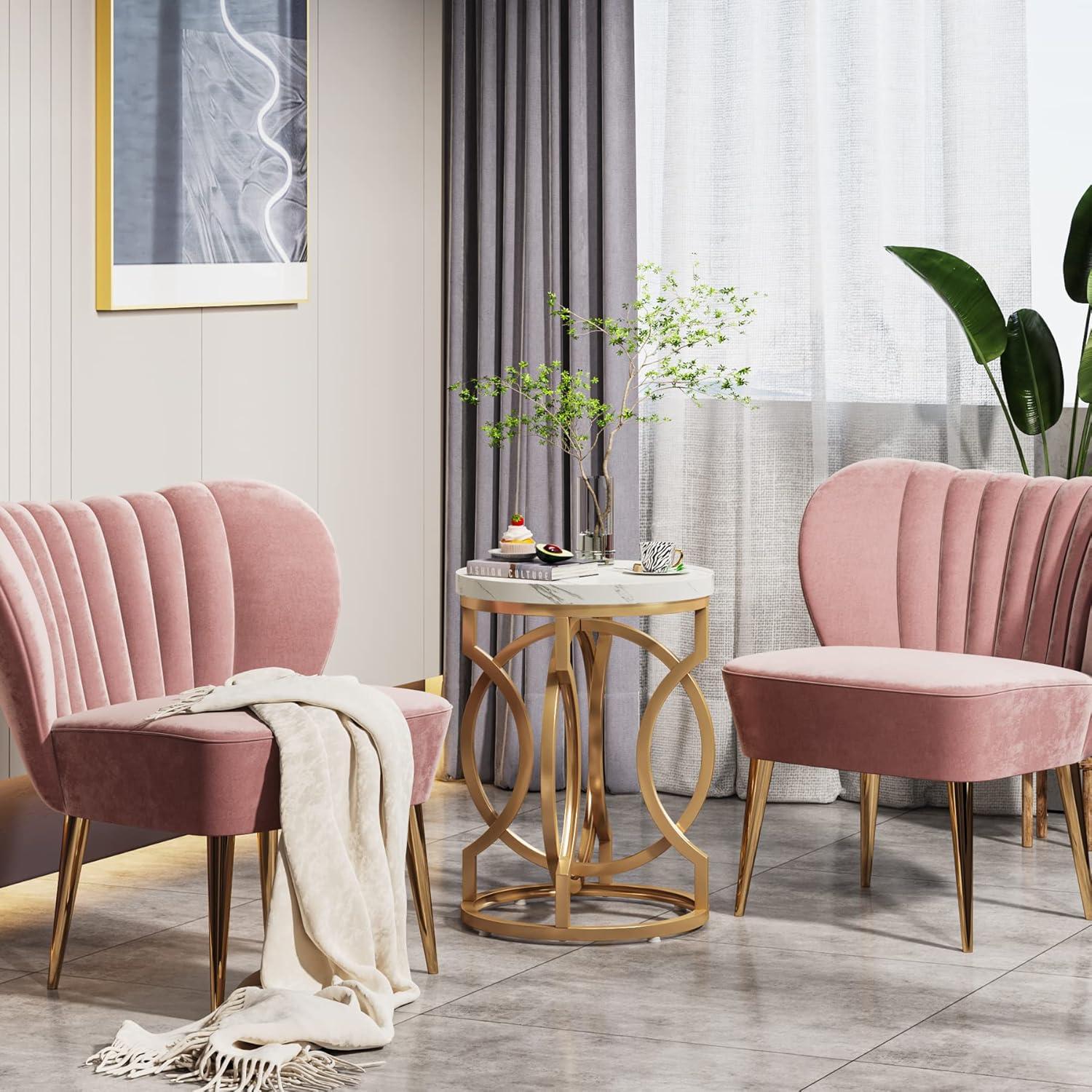 Tribesigns Morden Round End Table with Faux Marble White Top, 20" Sofa Side Table Coffee Table Cocktail Table with Unique Gold O-shaped Base for Living Room Bedroom