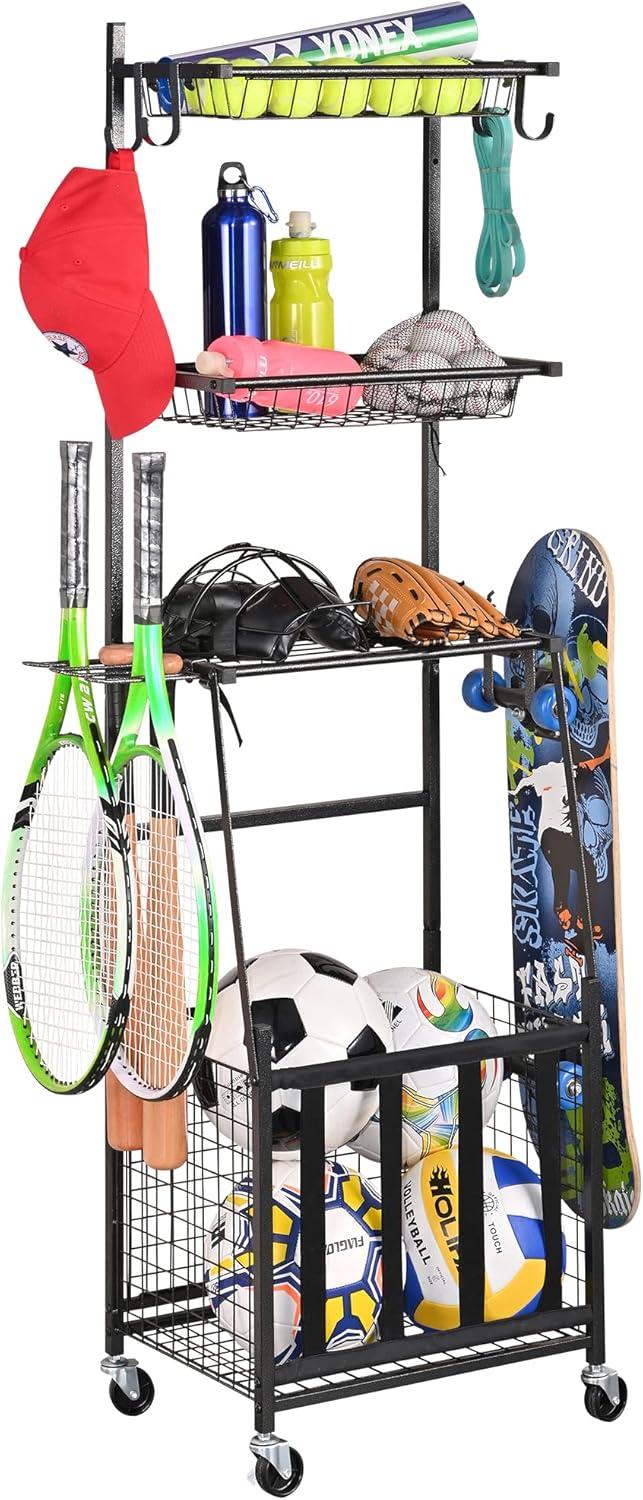 Black Steel Rolling Sports Gear Storage Rack with Mesh Shelves