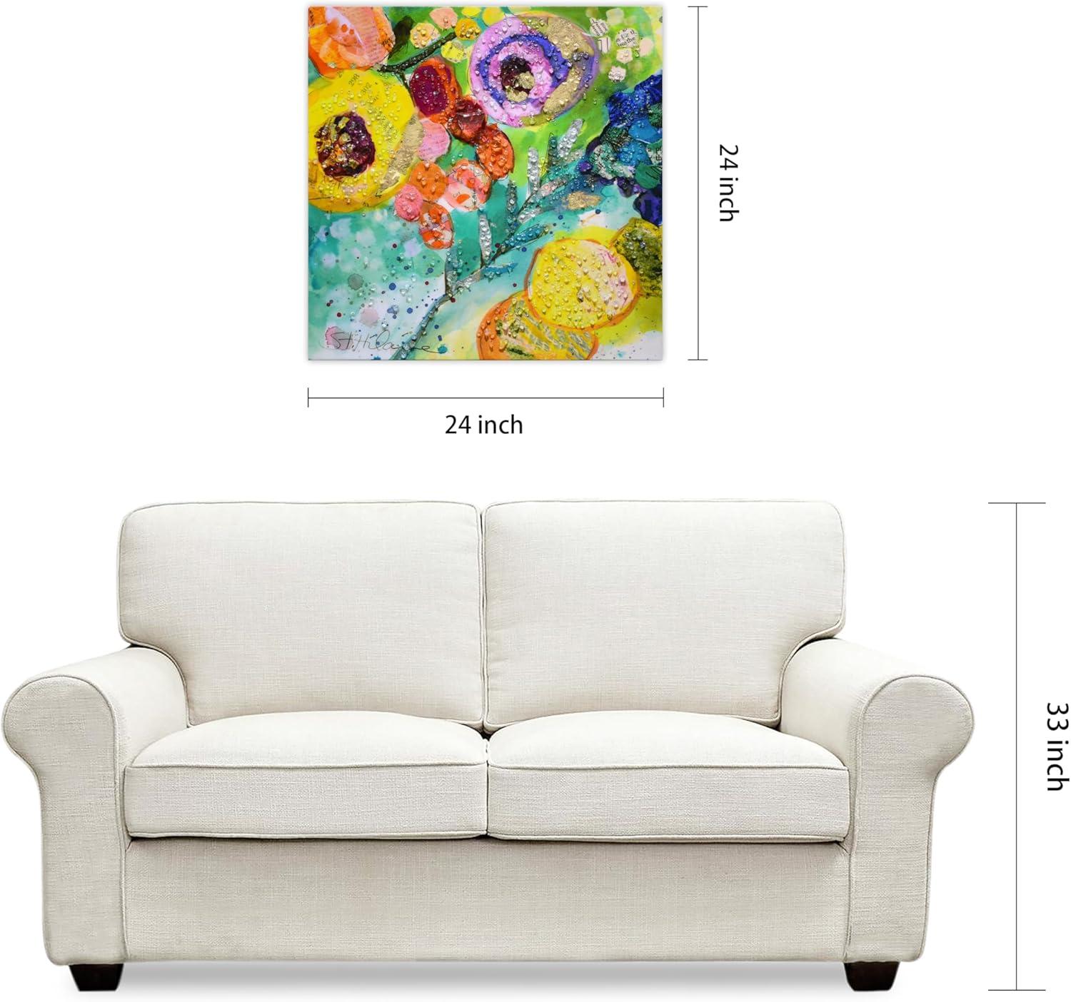 "Floral Radiance II" Crystallus Epoxy Coated Wrapped Glossy Canvas Wall Art with Heavy Acrylic Crystal Shards Embellishments