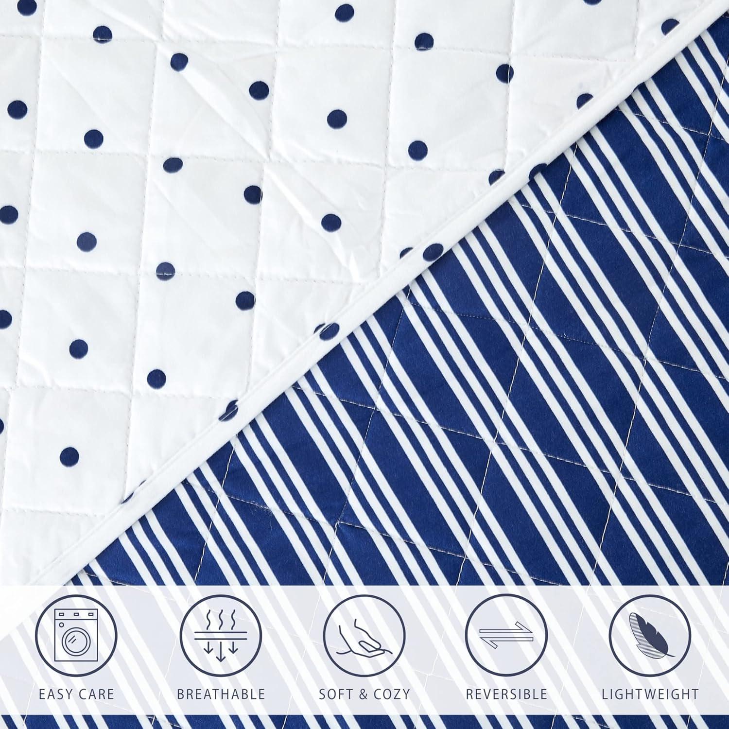 King White and Navy Reversible Microfiber Quilt Set