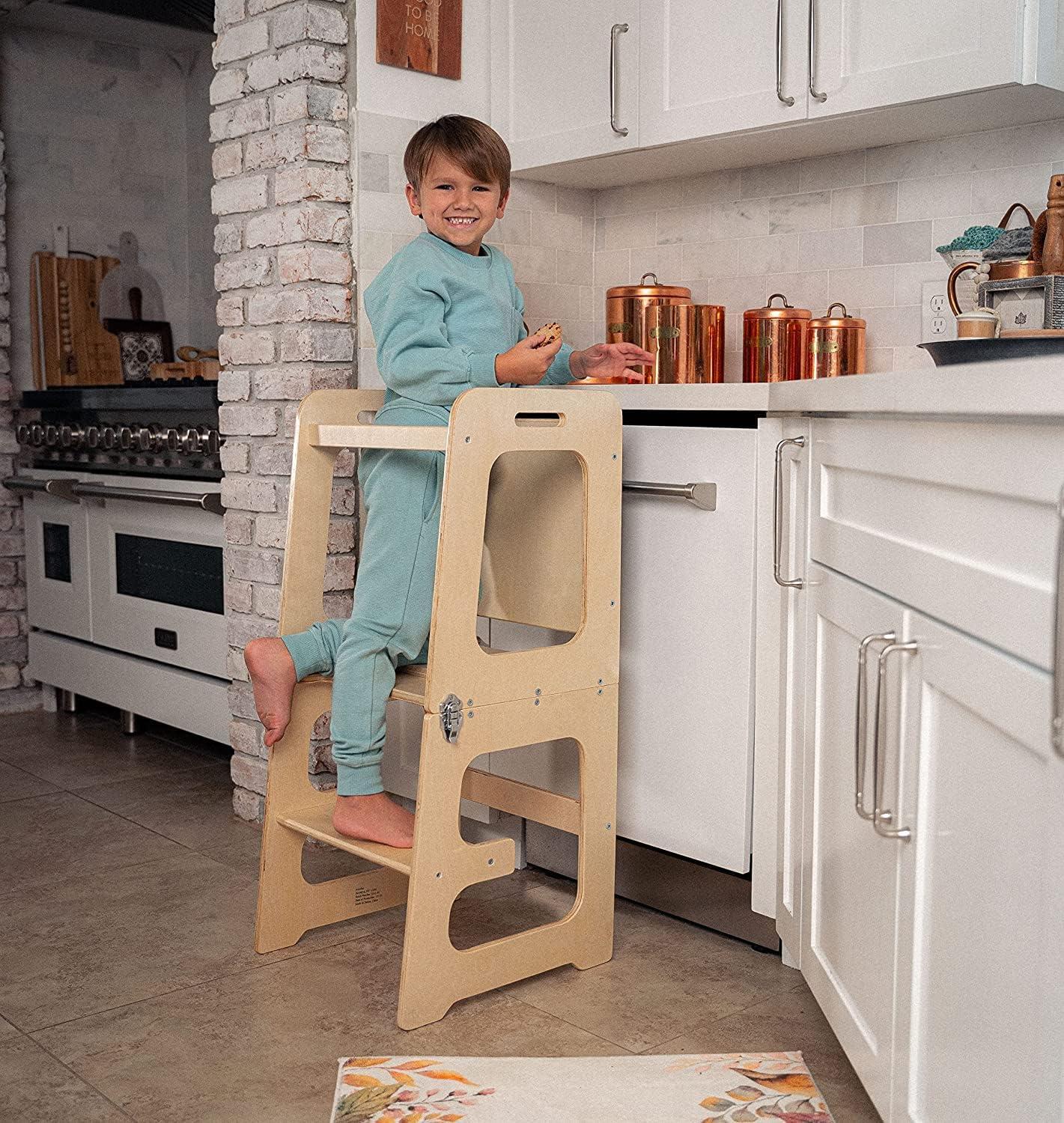 Avenlur Date 4-in-1 Foldable Kitchen Tower - Toddler Step Stool with Chalkboard, Desk Table and Chair - Waldorf and Montessori Kitchen Stool - Kitchen Stool Tower for Toddlers 18 Months to 6 Years