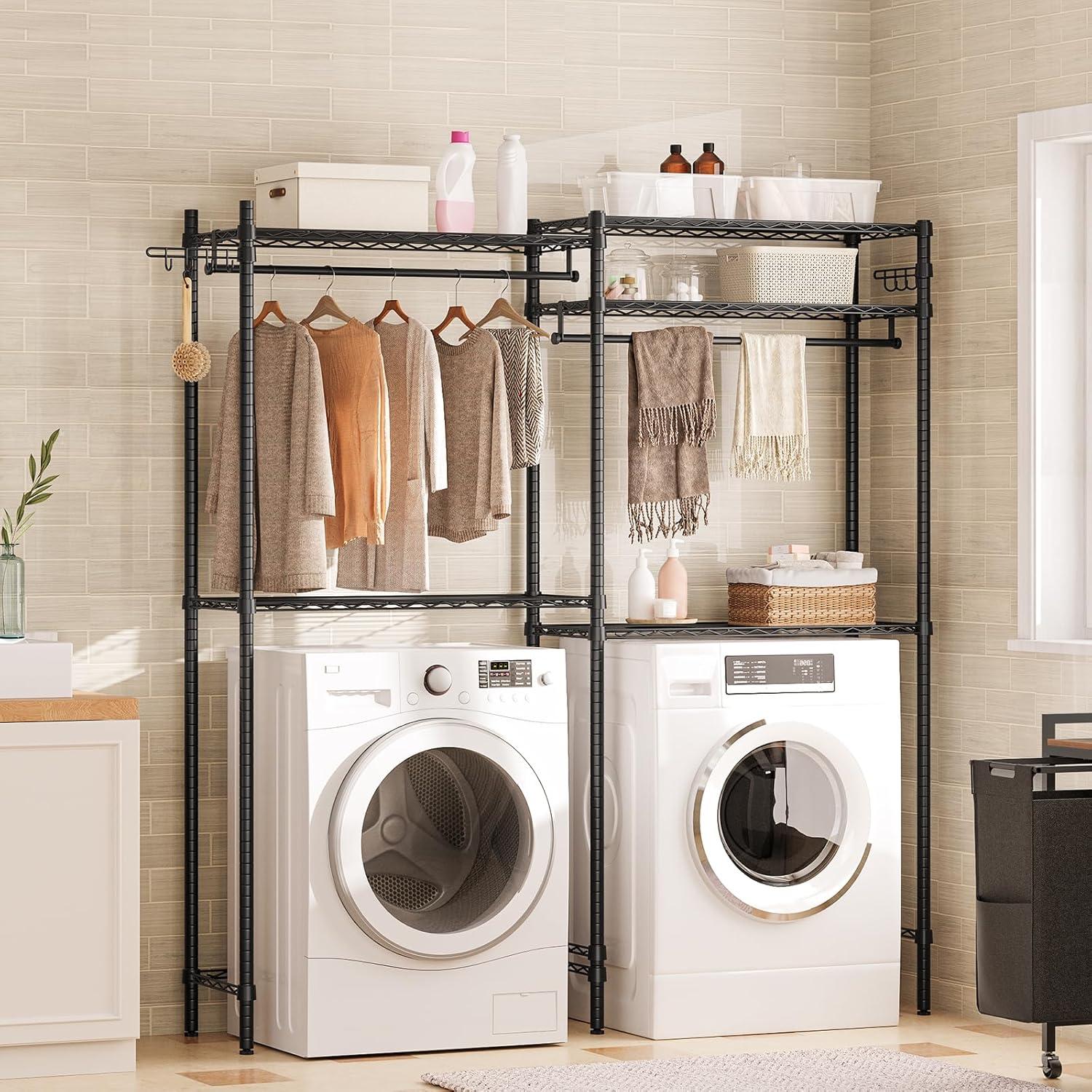 Kselythan Over Washer and Dryer Shelves,57.4" W Heavy Duty Laundry Room Storage Organization Clothes Drying Rack,Height Adjustable Towel Racks with Hamper and Hooks,Space Saving Shelf