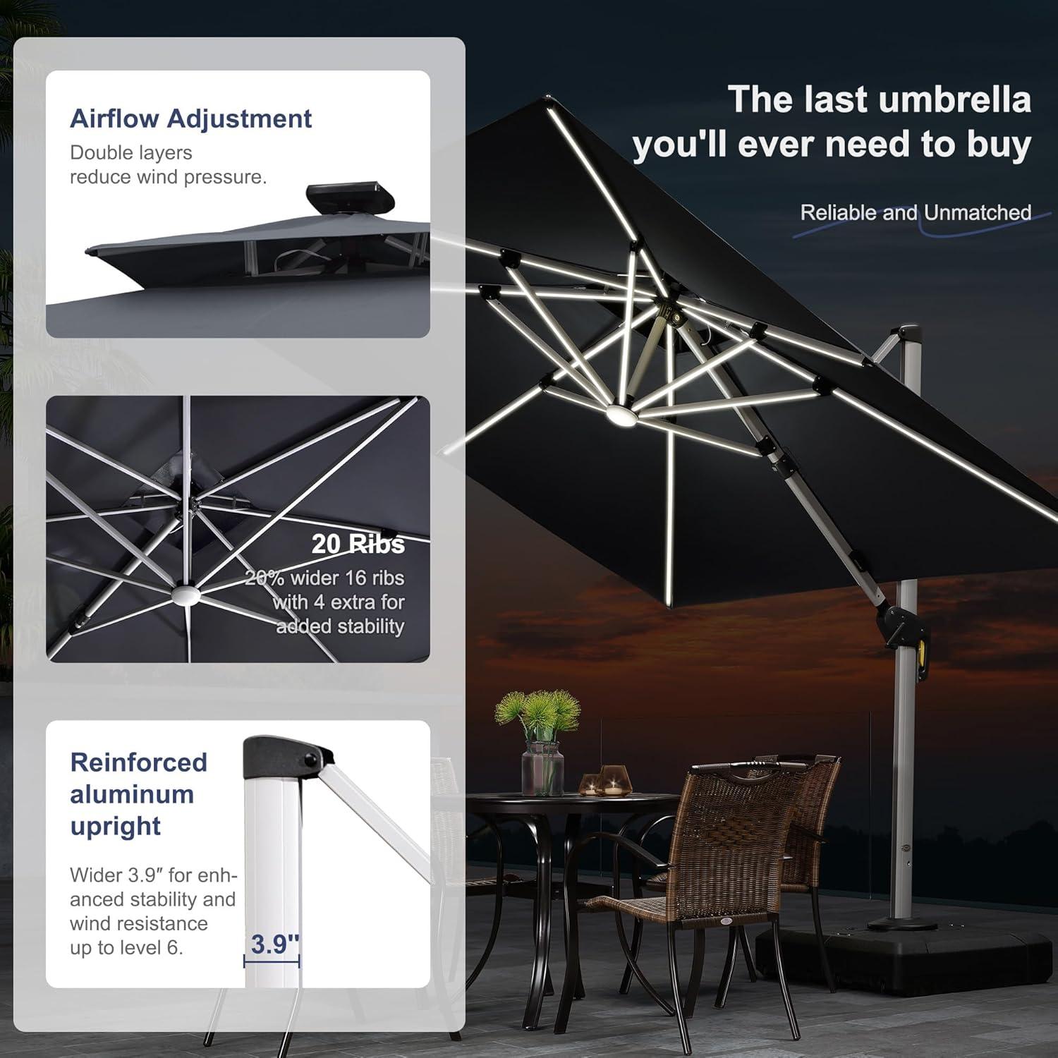 PURPLE LEAF 11FT Square Double Top Deluxe Solar Powered LED Patio Umbrella Outdoor Cantilever Umbrella, Gray
