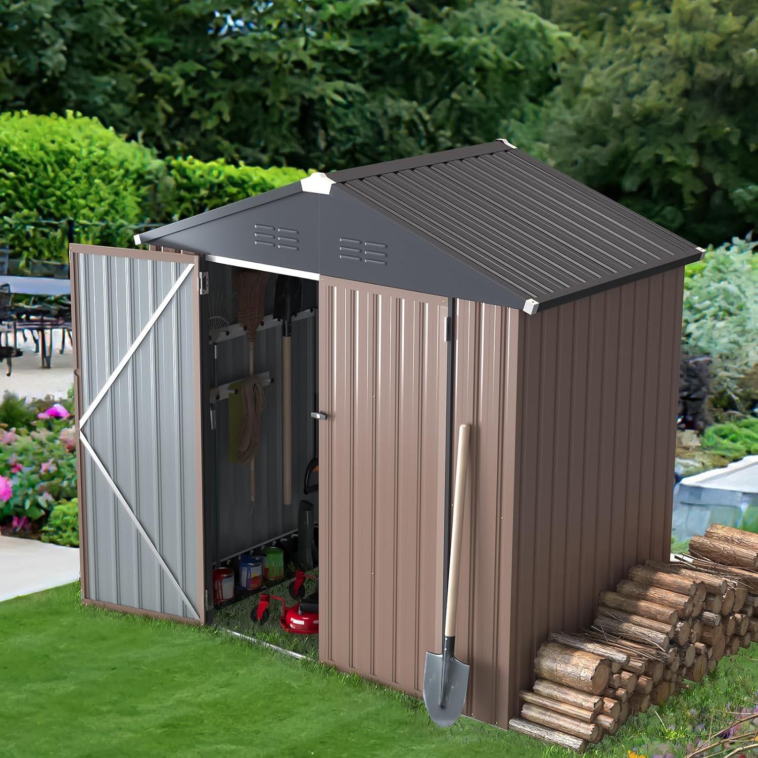 Gray and Brown Metal Outdoor Storage Shed with Lockable Door