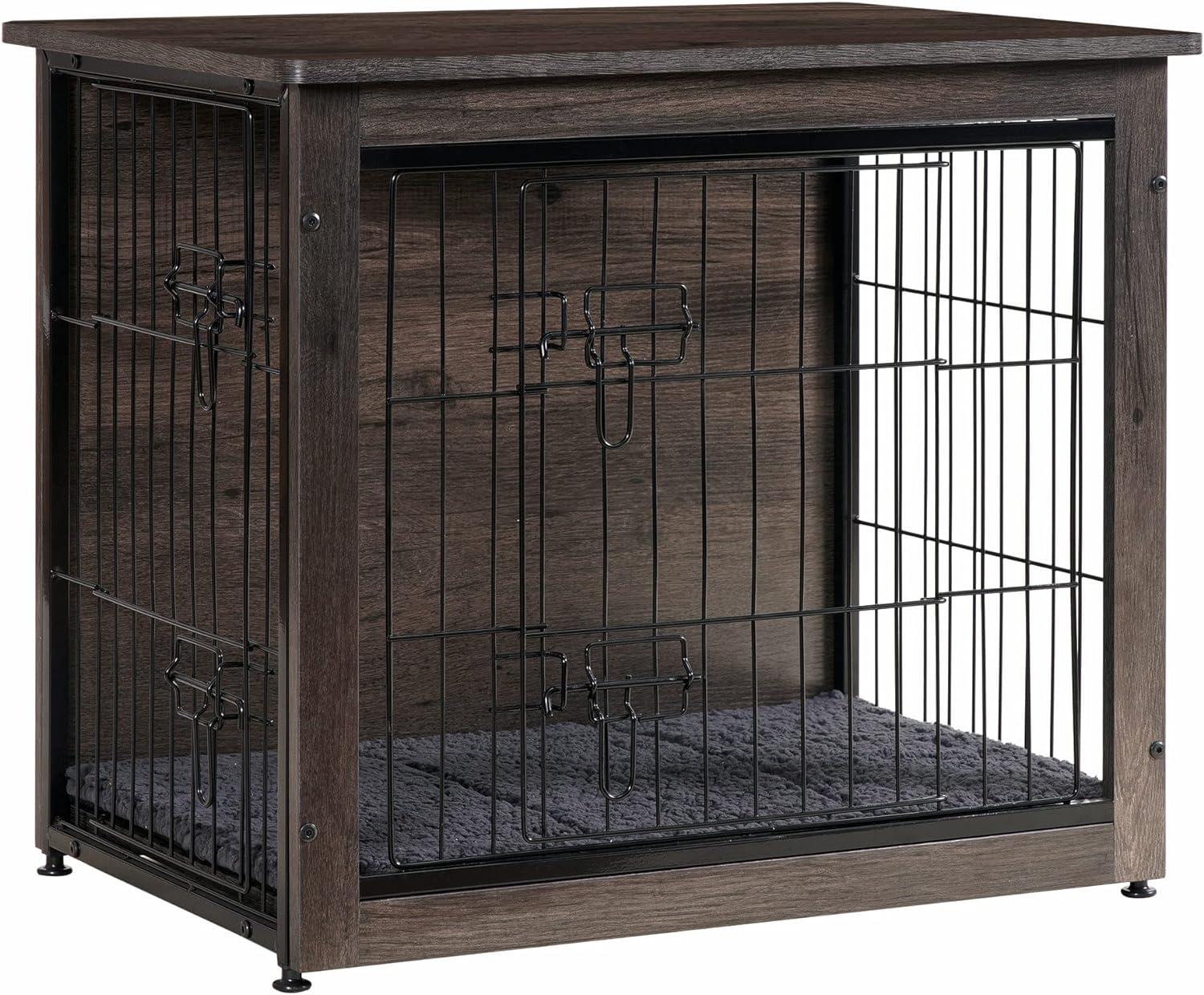 Small Dark Gray Wooden Dog Crate with Cushion