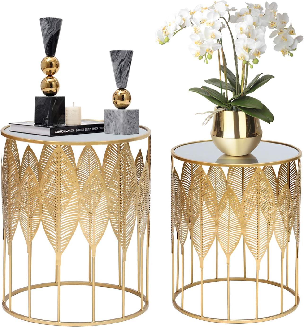 Gold Leaf Round Mirrored Nesting Side Tables Set