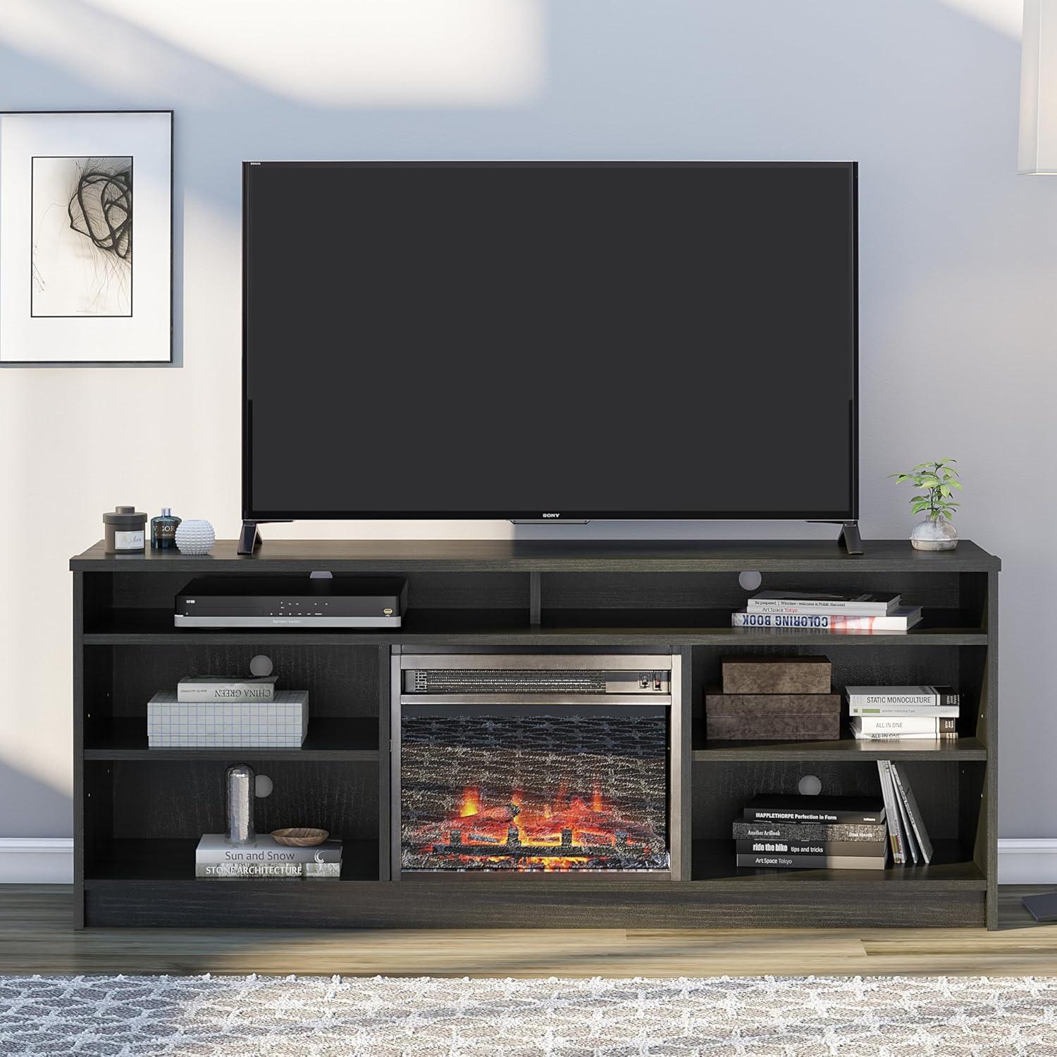 Ameriwood Home Hendrix Electric Fireplace Space Heater TV Stand for TVs up to 65" with 6 Shelves, Black Oak