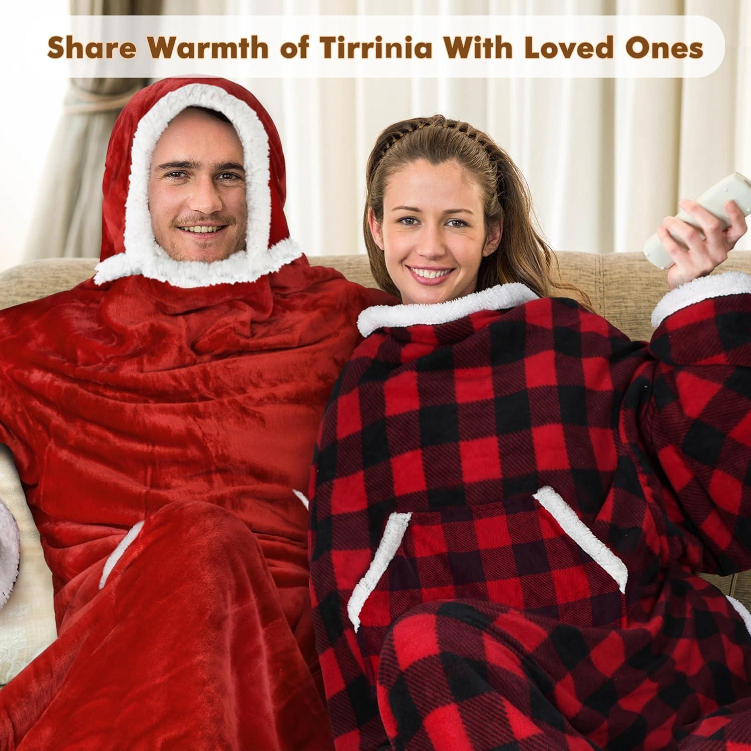 Tirrinia Hood Wearable Blanket for Adult Women and Men, Super Soft Comfy Warm Plush Throw with Sleeves TV Blanket Wrap Robe Hoodie Cover for Sofa, Couch 72" x 55"