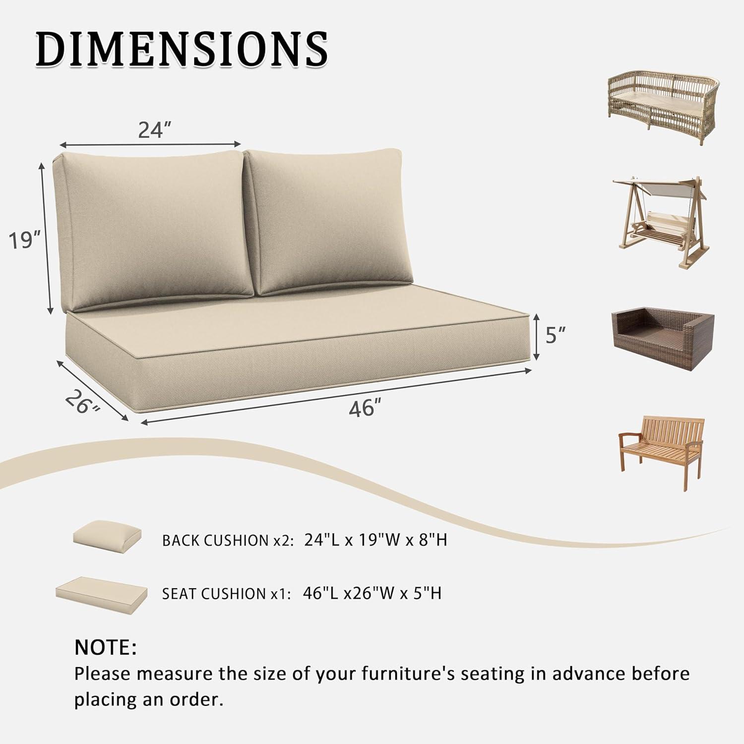 Outdoor Loveseat Cushion Set 46 X 26 Inch Water Repellent & Fadeness Patio Furniture Cushions,Removable Outdoor Couch Cushions with Hidden Zipper & Adjustment Staps for Couch, Bench, and Swing