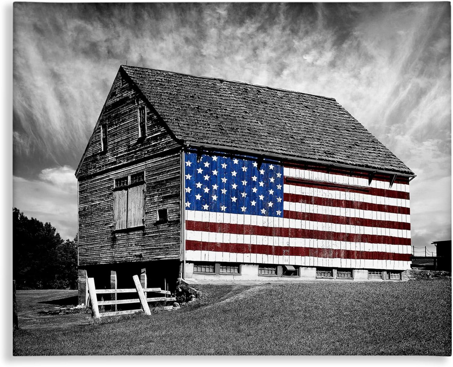 Black and White Farmhouse Barn American Flag Canvas Wall Art