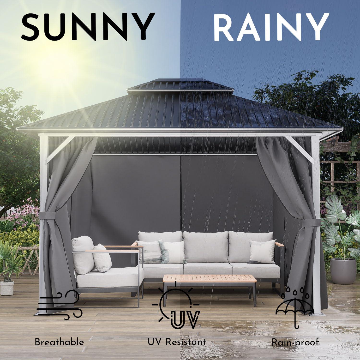Aoodor Gazebo Curtain Replacement - Universal 4-Panel Sidewalls 10' x 13', Patio Privacy Curtains with Double Zipper, UV Resistant, Perfect for Outdoor Canopy, Garden, and Backyard (Curtain Only) Grey