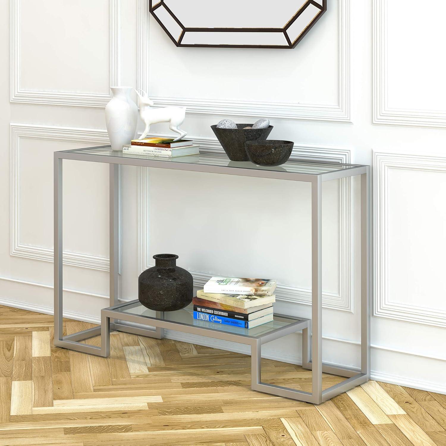 Sleek Nickel Finish Console Table with Glass Top and Storage Shelf