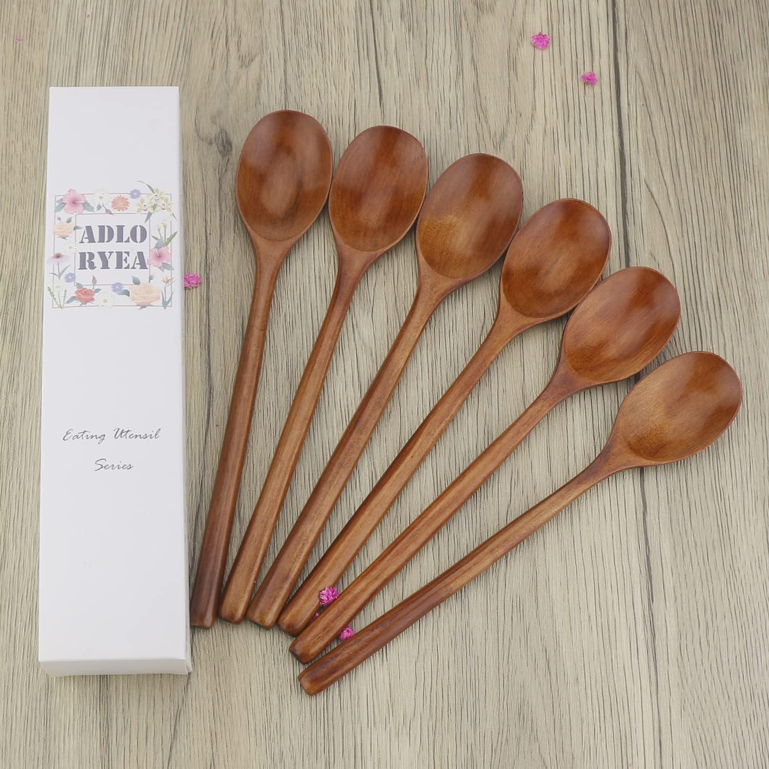 QIFEI 6Pcs Wooden Spoons, 9 inch Wood Soup Spoons for Eating Mixing Stirring, Long Handle Spoon with Japanese Style Kitchen Utensil, Eco Friendly Table Spoon