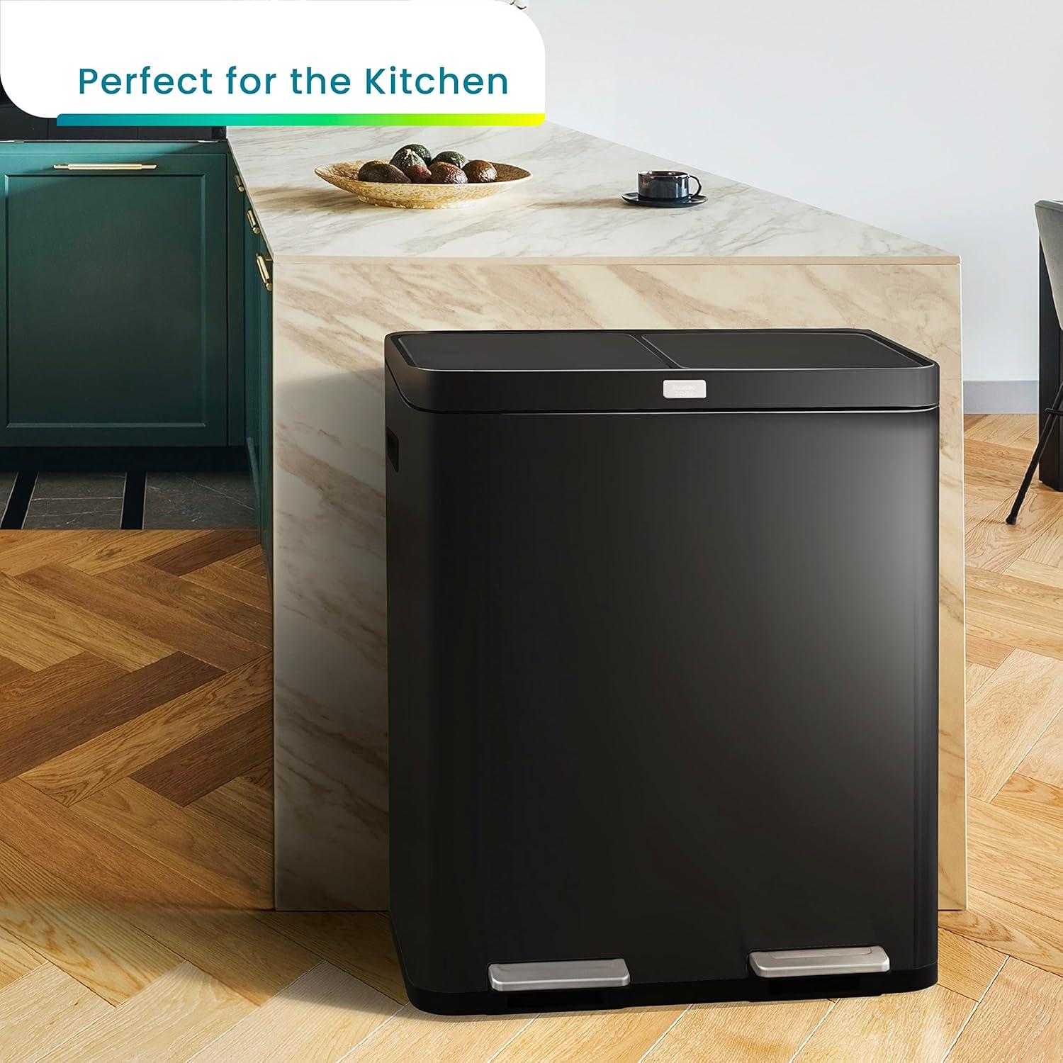 Home Zone Living Home Zone Living 16 Gallon Stainless Steel Dual Trash and Recycling Can with CleanAura Odor Control and Soft-Close Lids