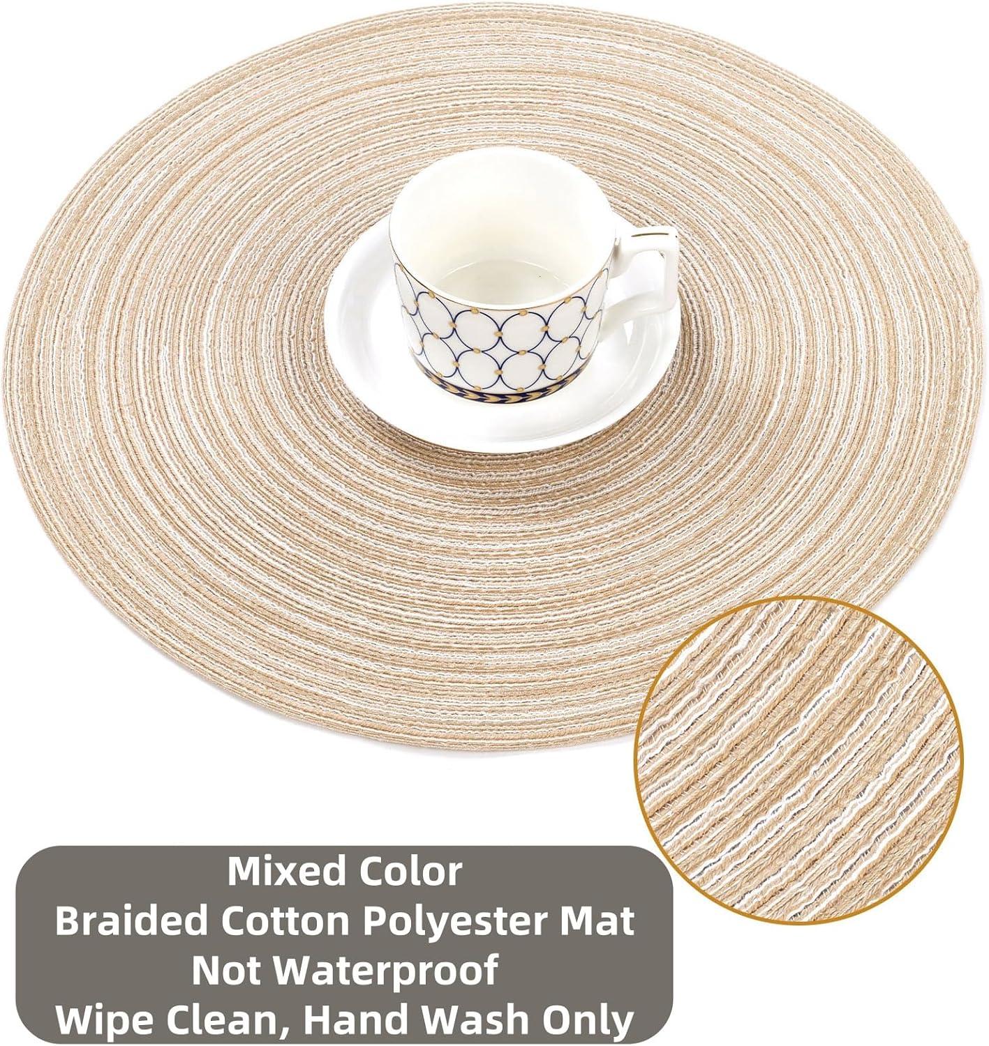 Findosom Round Table Place Mats Set of 6,Woven Braided 15" Christmas Placemats Washable Non-Slip Heat Resistant Table Placemats,Beige