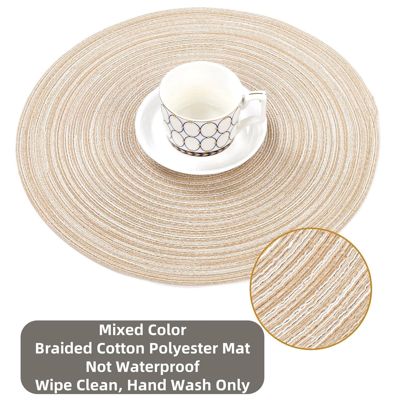 Asija Placemats，Round Cotton Braided Table Place Mats Braided Coaster Placemas Non-Slip Table Mats Placemats Set of 4 for in door Dining Kitchen Table Washable 15 inch