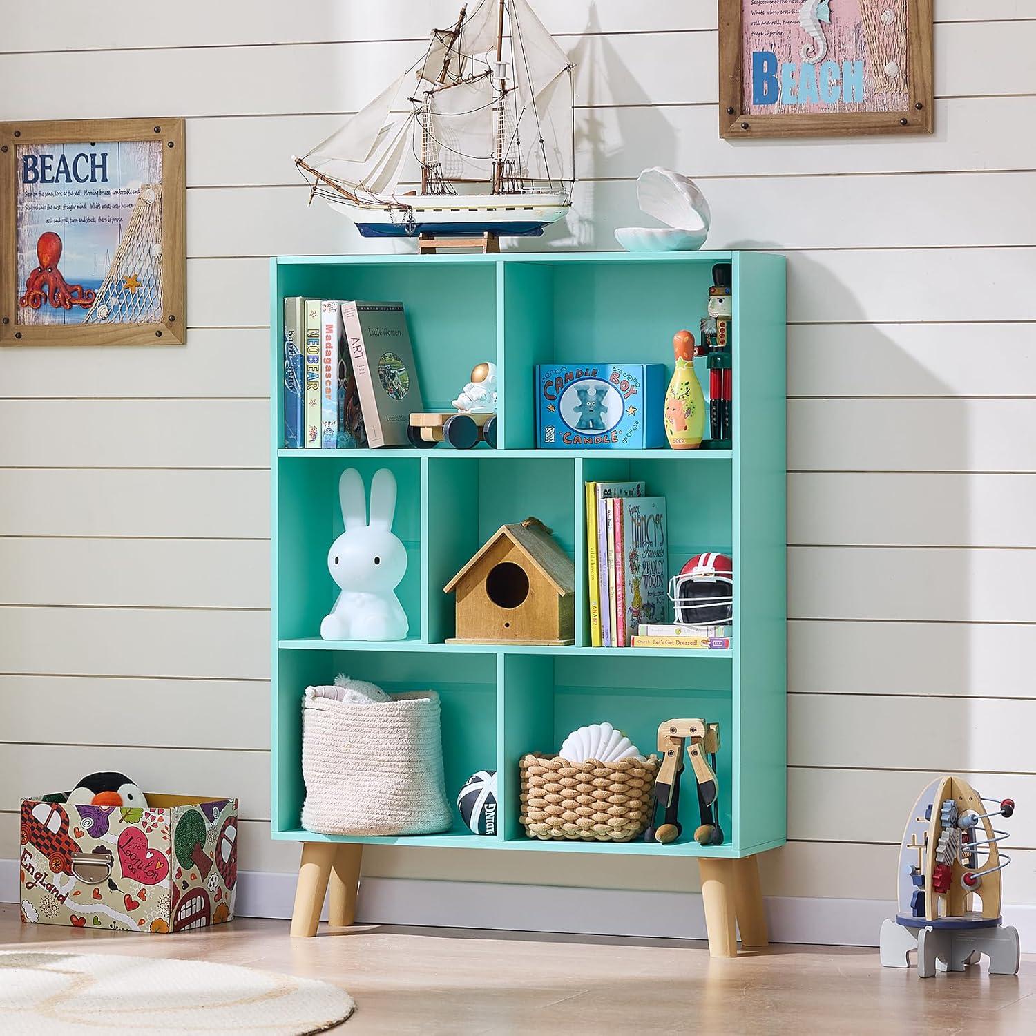 Satiny 7 Cube Bookshelf 3-Tier Bookcase with Legs, Mint-Green Kids Book Shelf Cute Storage Organizer, Toy Shelves Bookshelves,Wood Display Bookcases