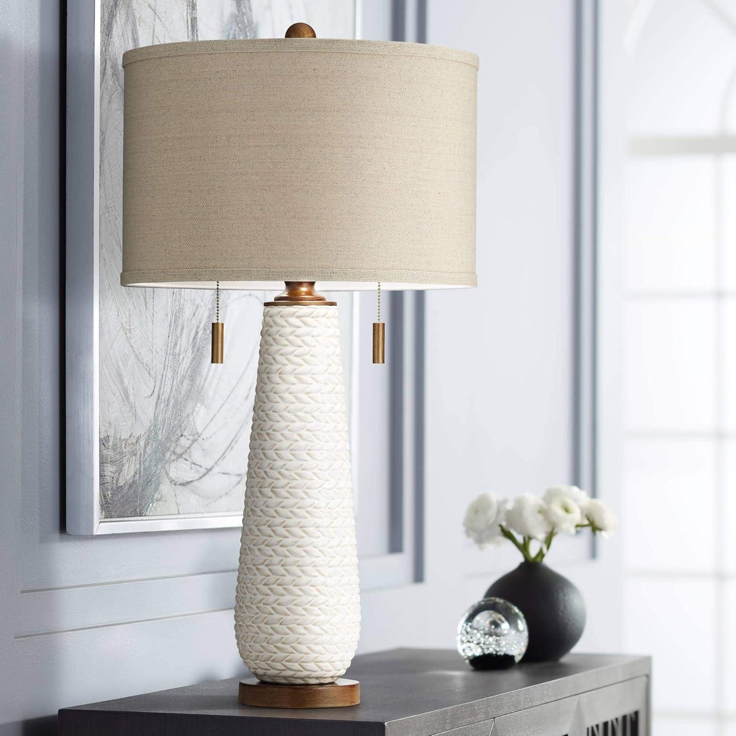 White Grooved Ceramic Table Lamp with Taupe Drum Shade