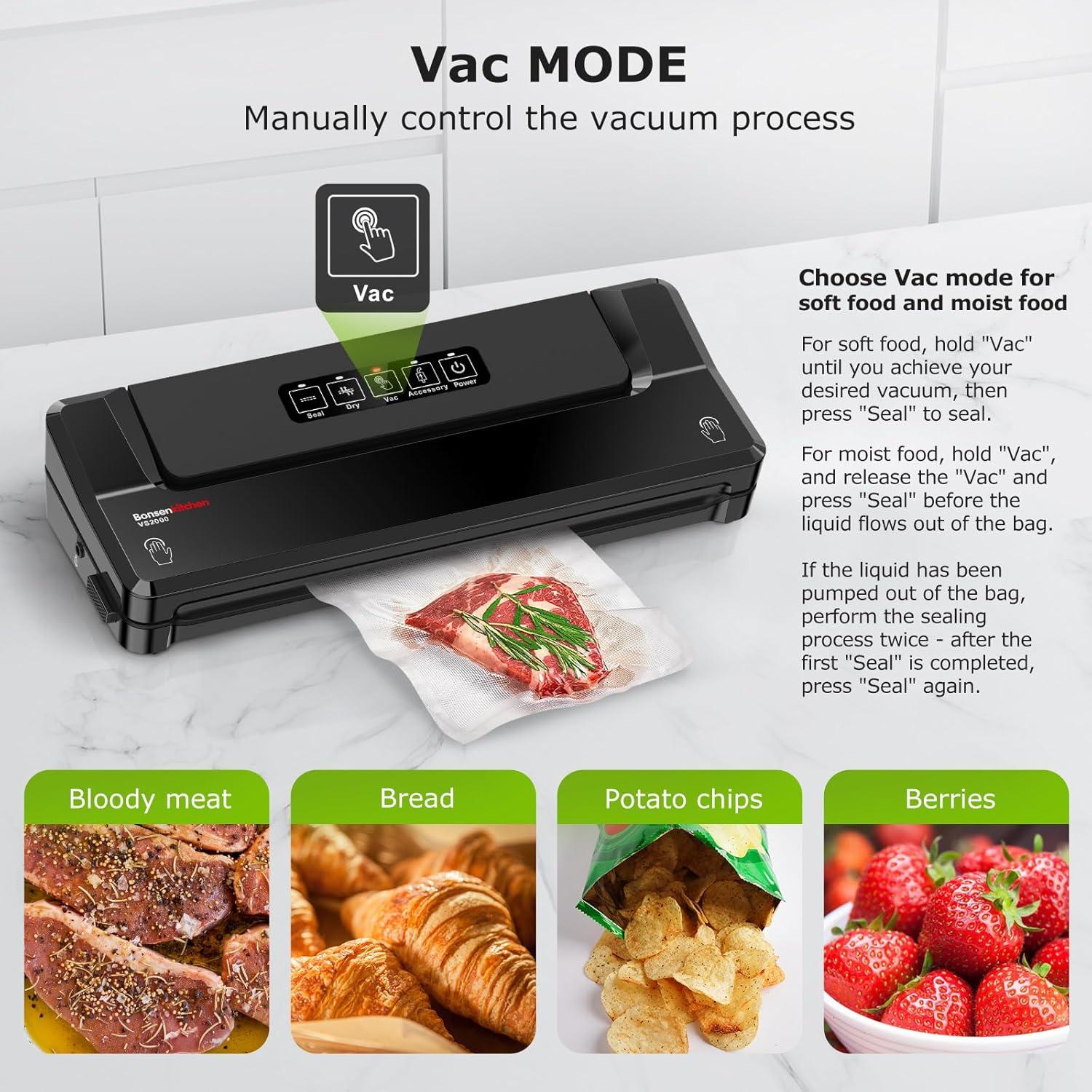 Bonsenkitchen Multi-Functional Food Vacuum Sealer with Globefish Technology for High-Speed Continuous Working, Vacuum Bags & Accessory Hose, Black