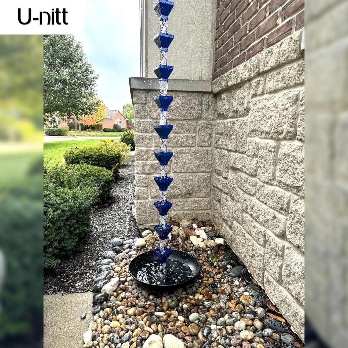 U-nitt Rain Chains, Roof Gutter Downspout Channel, Rainwater Catcher/Diverter, 8.5 FT, Metal, Blue Powder Coated, Texture Square, Modern, 5517BLU