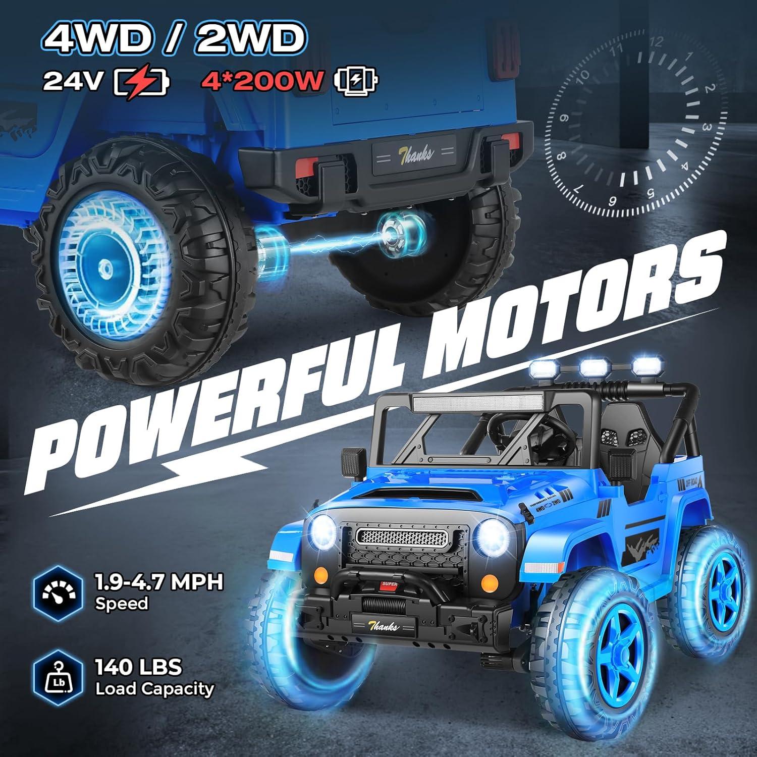 Ancheer 24V 4WD//2WD Ride On Jeep Truck,2 Seater Kids UTV With 4X200w Powerful Engine,Remote Control,Bluetooth,20 Wide Seat,Vehicles for Kids Toddlers