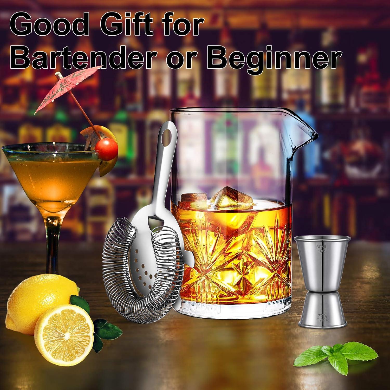 Cocktail Mixing Glass, veecom 18oz Crystal Bartender Kit, 3 Piece Old Fashioned Cocktail Set with Strainer, Jigger, Bar Tools Cocktail Shaker Set, Cocktail Mixer Stirring Glass