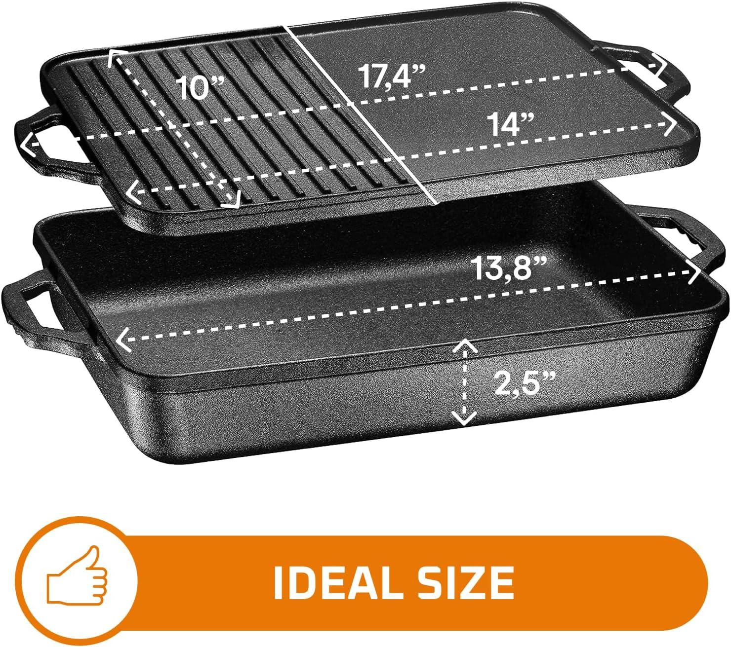 Bruntmor 3-In-1 Pre-Seasoned Cast Iron Pan with Reversible Grill Griddle Lid - 17.8"x11"x3.3" Non-Stick Multi Cooker Deep Roasting Grill Pan - Dutch Oven, Frying or Roasting Pan for Open Fire Camping