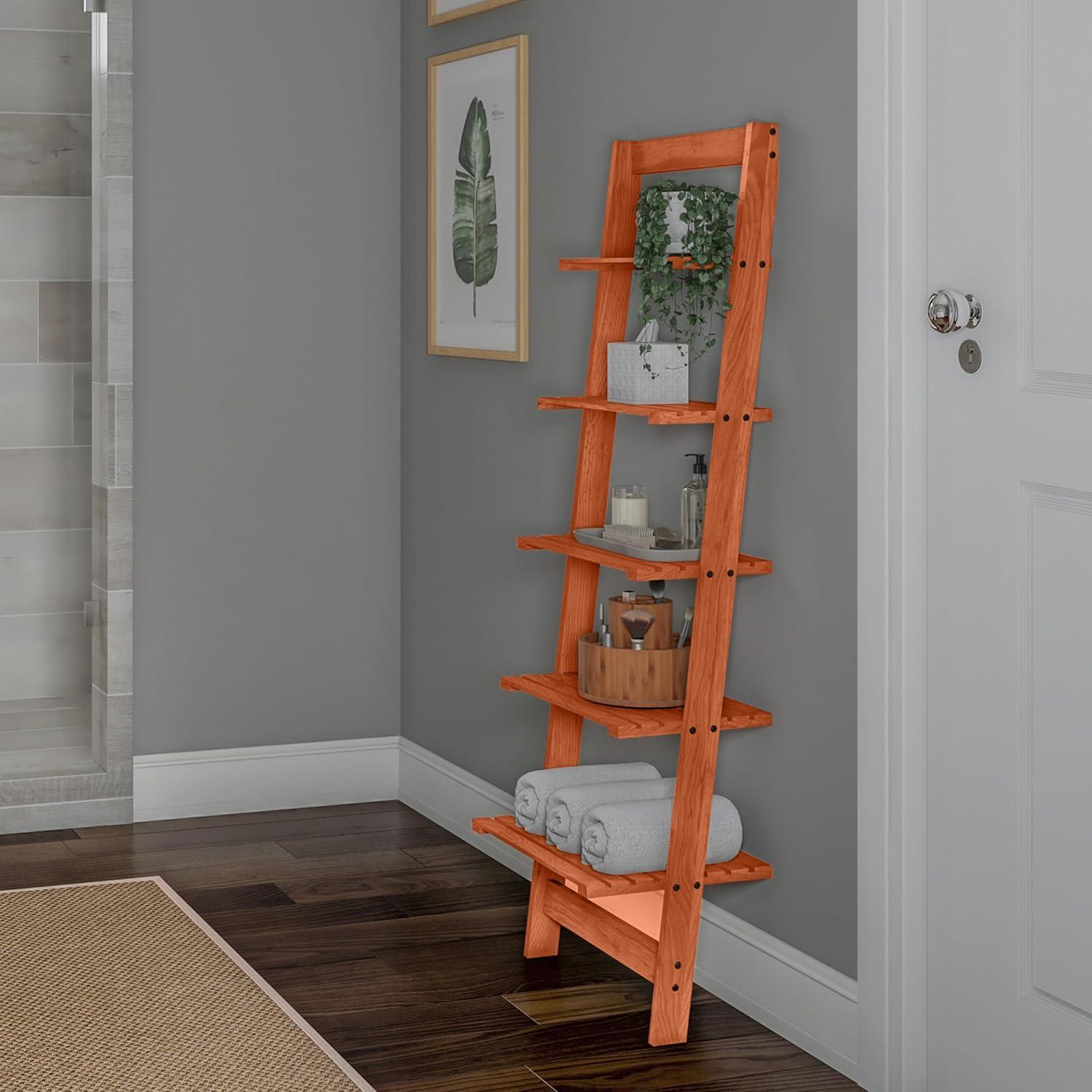 Cherry Painted Wood 5-Tier Leaning Ladder Bookshelf