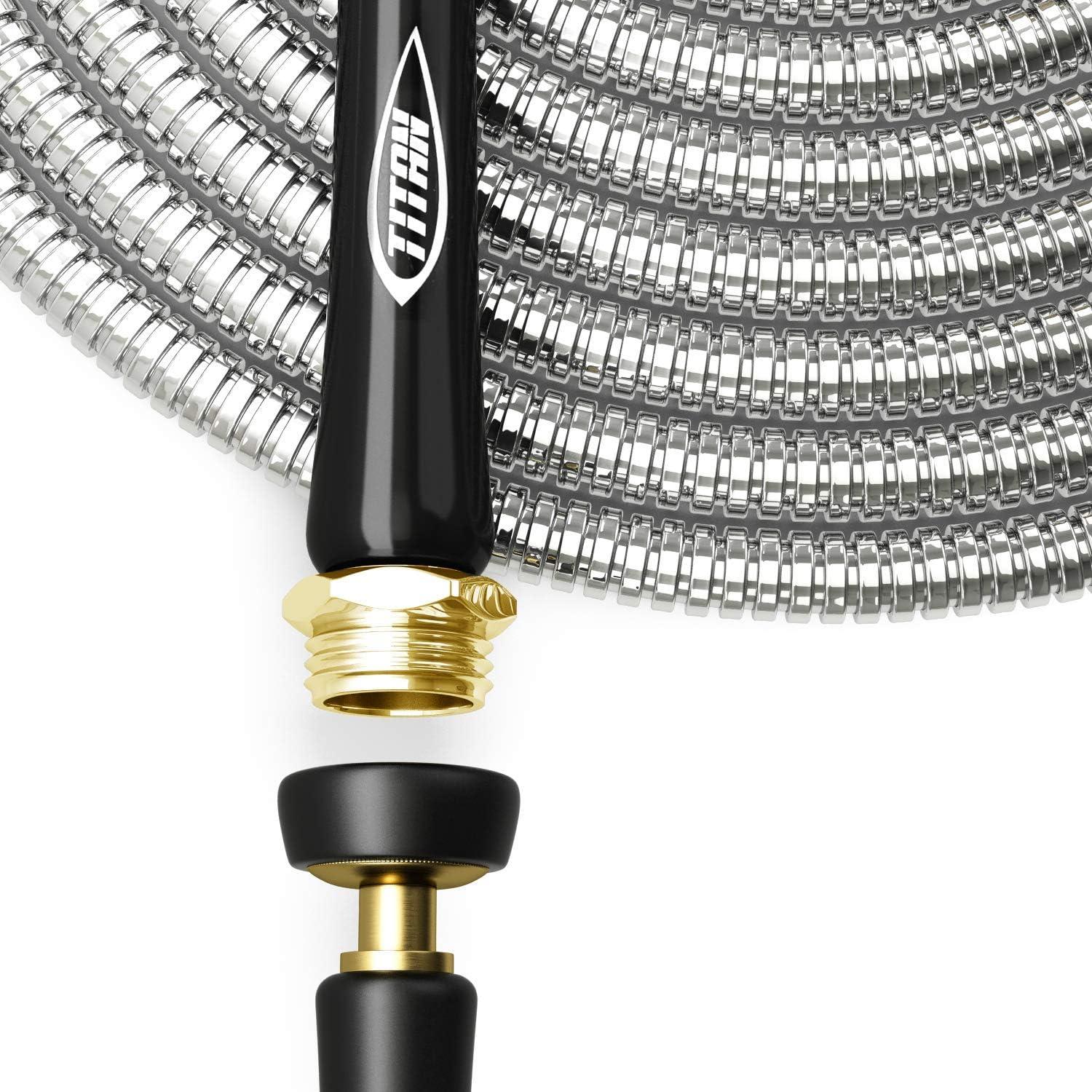 TITAN Garden Hose 100FT - 304 Stainless Steel Metal Water Hose, Flexible, Kink-Free, Lightweight, Durable, Crush Resistant Fittings, Easy to Coil, 500 PSI
