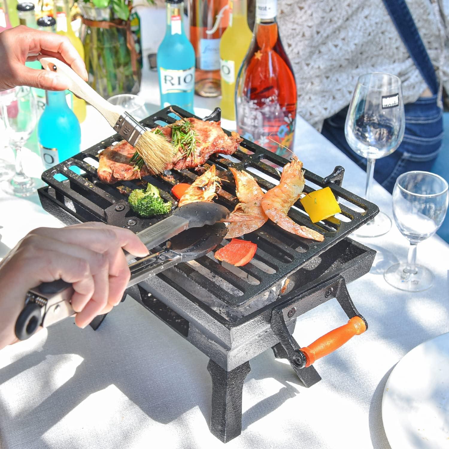 Small Black Cast Iron Portable Hibachi Grill with Red Handles