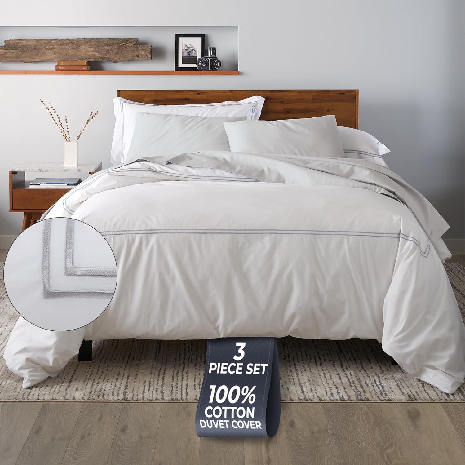 Ella Jayne 100% Cotton Percale 3 Piece Duvet Set, Full/Queen, White with Silver Satin Stitching