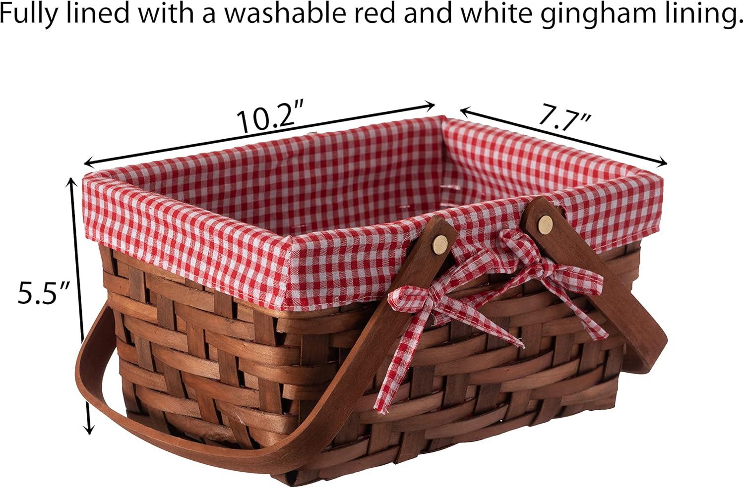 Classic Rectangular Wooden Storage Basket with Red Gingham Lining