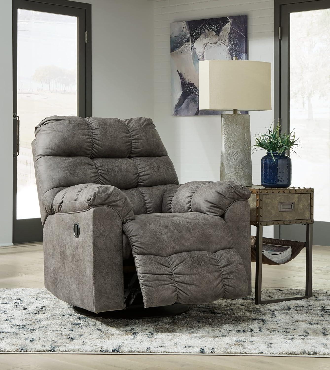 Contemporary Gray Faux Leather & Concrete Swivel Recliner, 38"