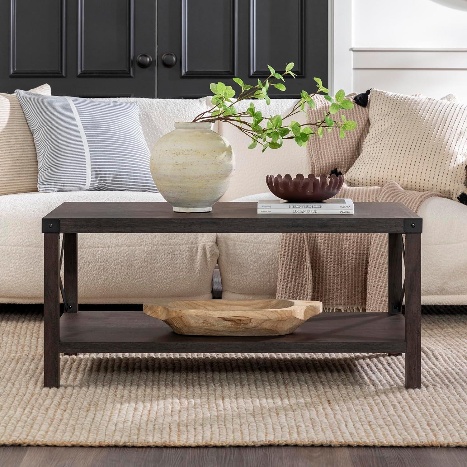 Farmhouse Metal-X Coffee Table with Lower Shelf in Sable