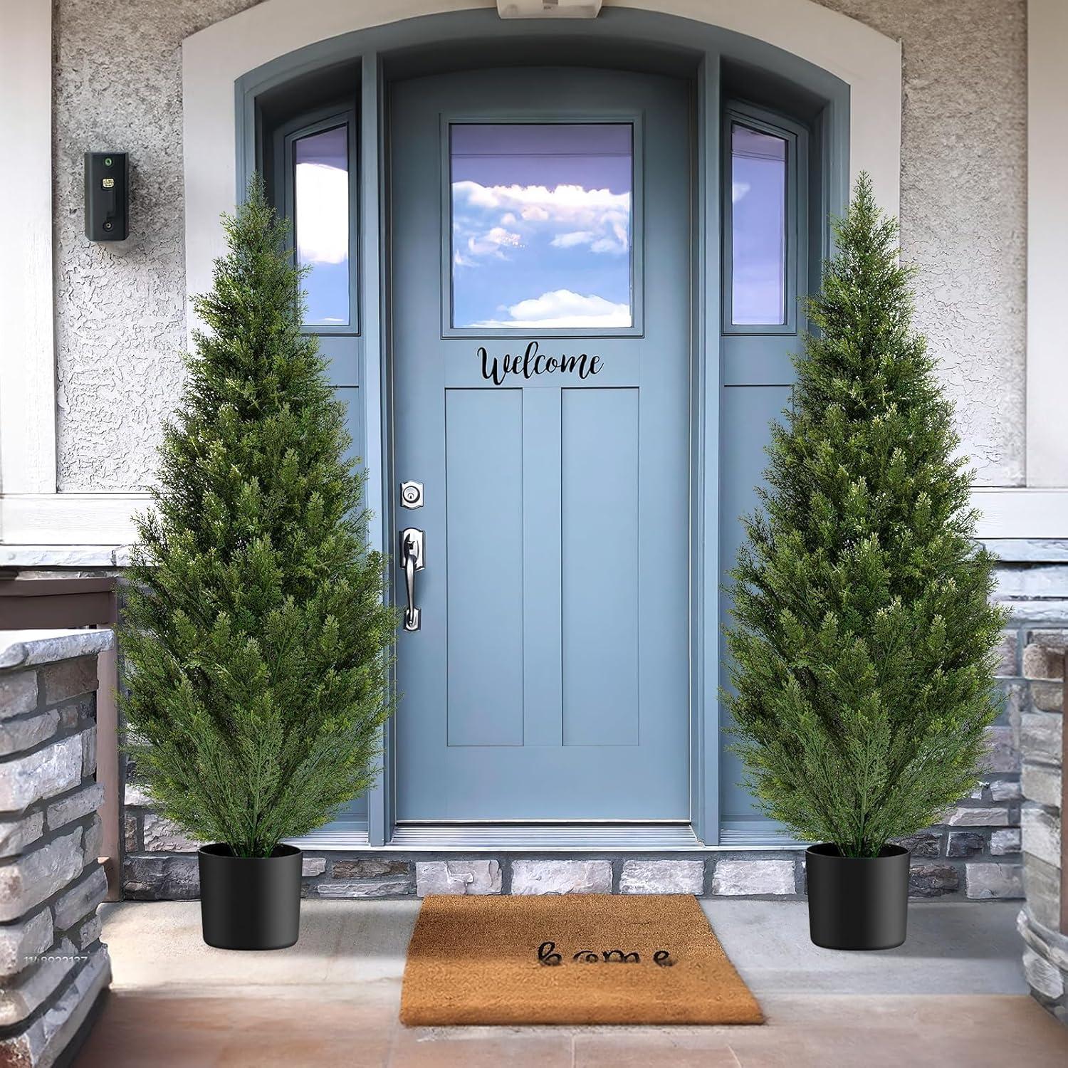 Artificial Cedar Tree 2 Pack 4 ft Outdoor Artificial Topiary Cedar Plants Fake Tree UV Rated Potted Tree for Perfect Housewarming Gift, Set of 2