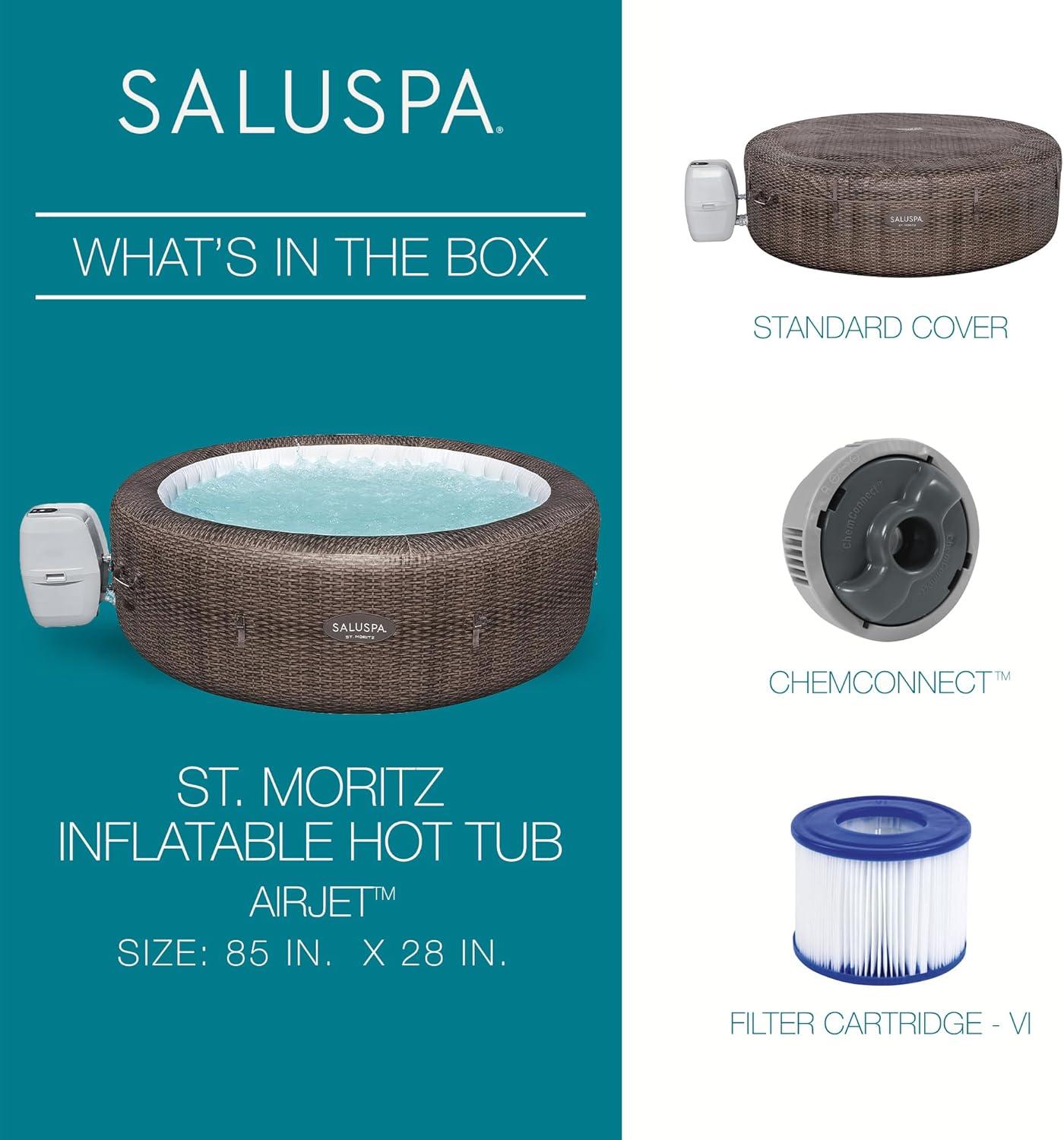 Bestway SaluSpa St. Moritz AirJet 2 to 7 Person Inflatable Hot Tub Round Portable Outdoor Spa with 180 Soothing AirJets and Cover, Brown