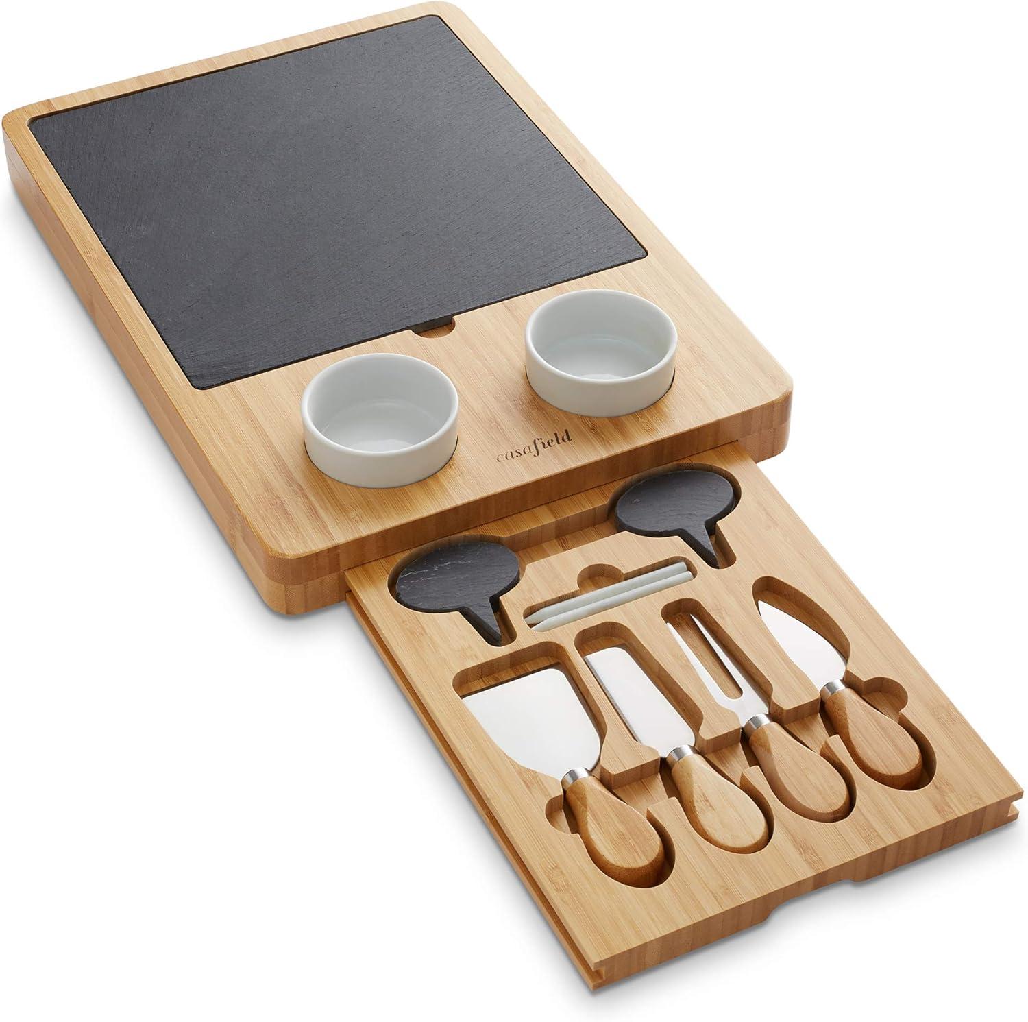 Casafield Bamboo Charcuterie Cheese Board with Slate Cheese Plate, Ceramic Bowls, Stainless Knives, and Cheese Markers