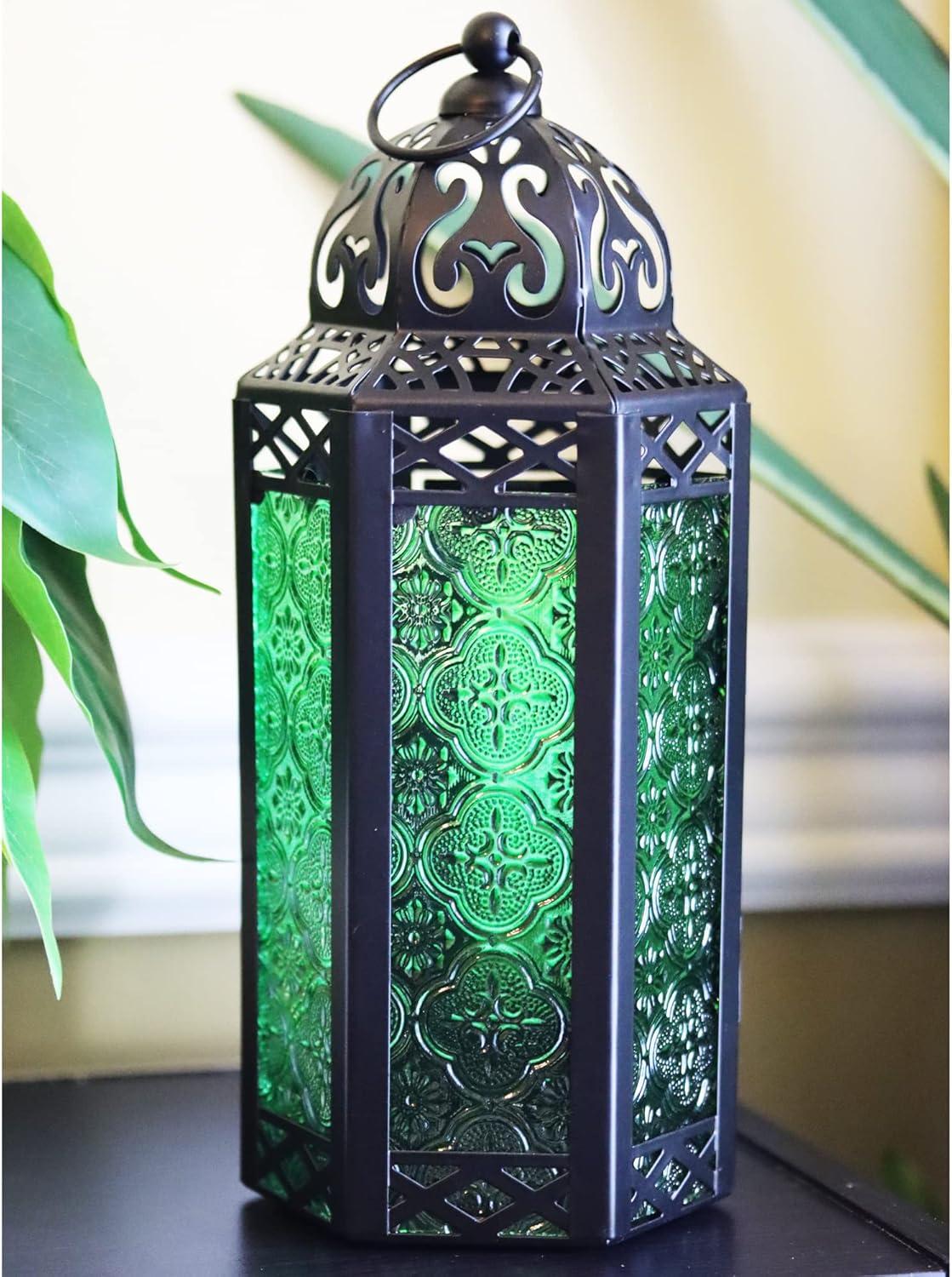 10.5" Medium Moroccan Lantern Candle Holder – Black with Green Glass, Metal Decorative Lamp for Indoor/Outdoor Patio or Porch Use, Home Decor, Ramadan, Weddings