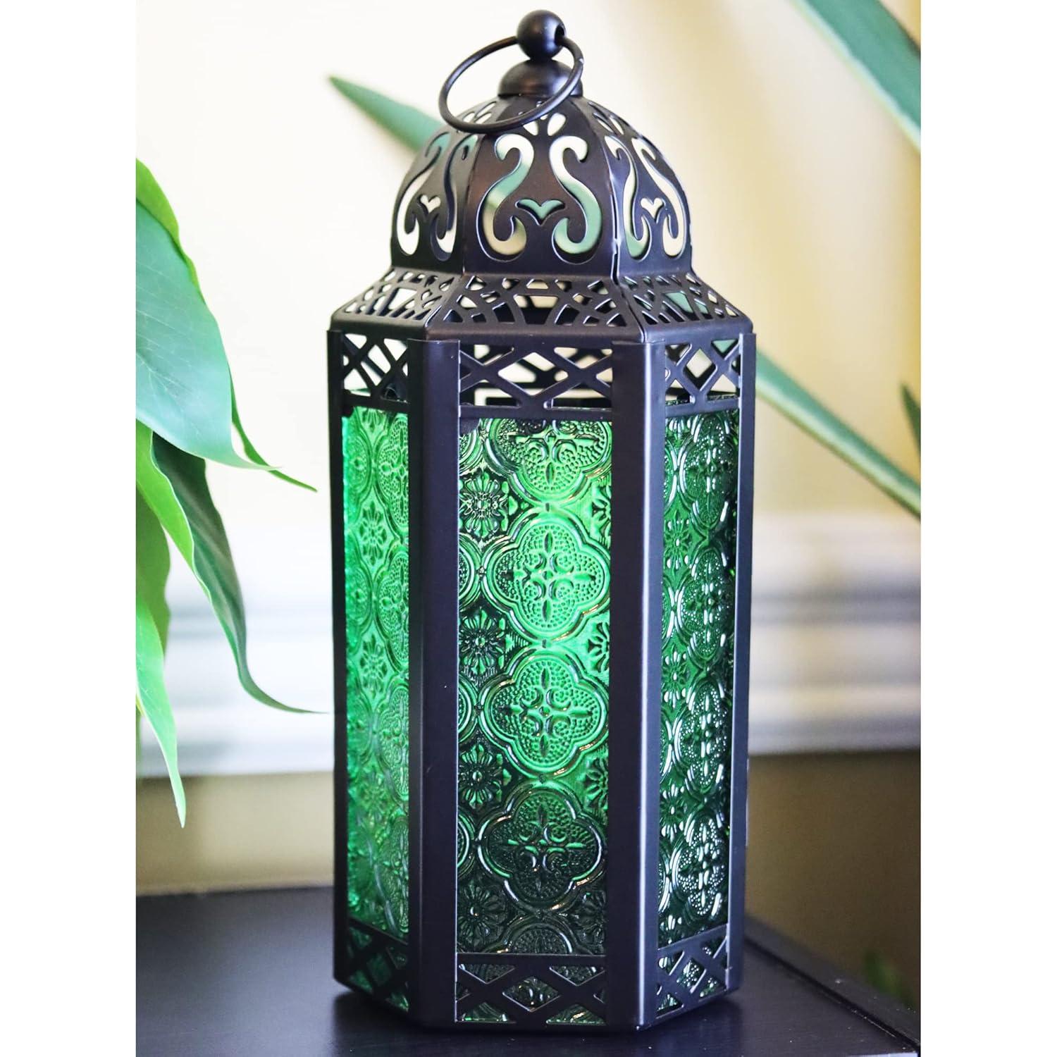 10.5" Medium Moroccan Lantern Candle Holder – Black with Green Glass, Metal Decorative Lamp for Indoor/Outdoor Patio or Porch Use, Home Decor, Ramadan, Weddings