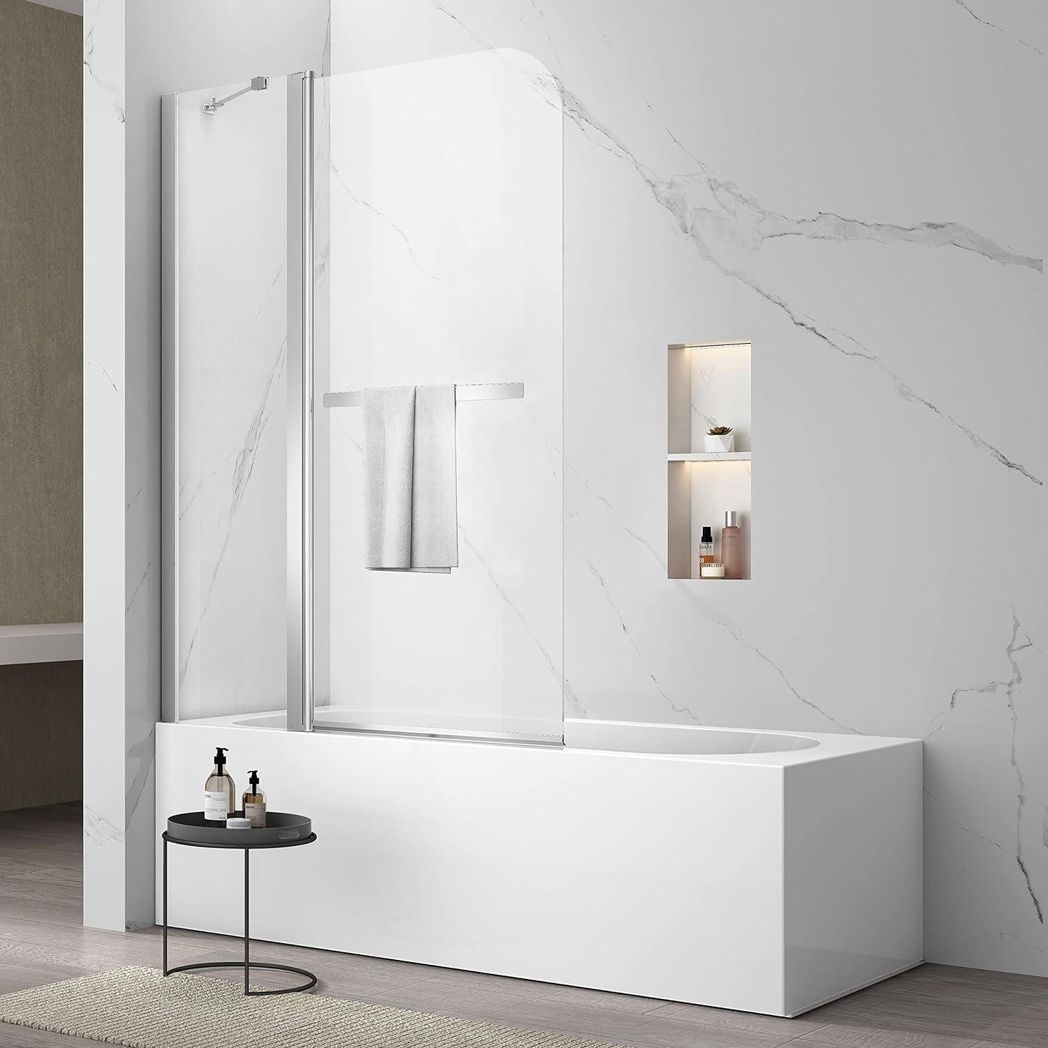 43" W x 58" H Frameless Glass Hinged Bathtub Shower Door with Clear Tempered Glass