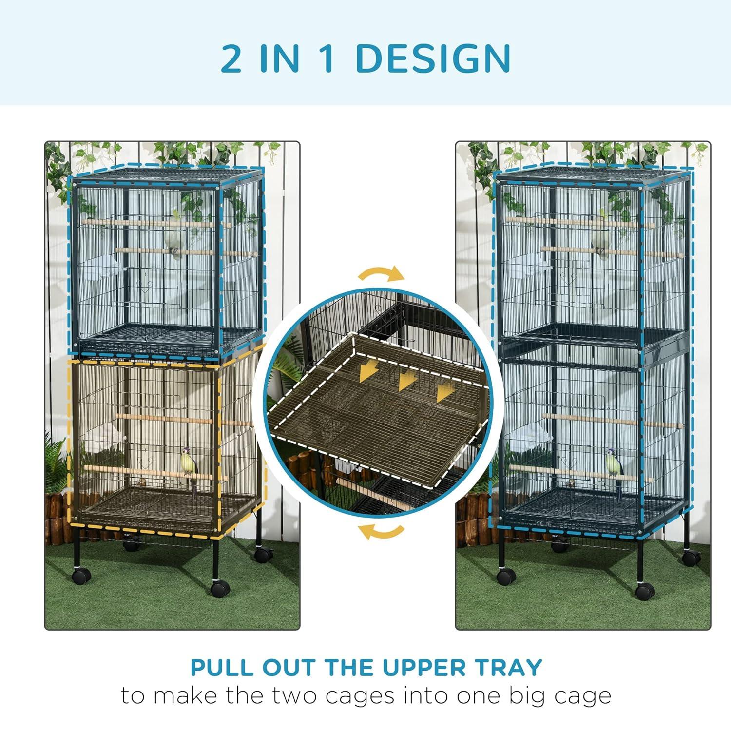 PawHut 55" 2 In 1 Bird Cage Aviary Parakeet House for finches, budgies with Wheels, Slide-out Trays, Wood Perch, Food Containers, Black