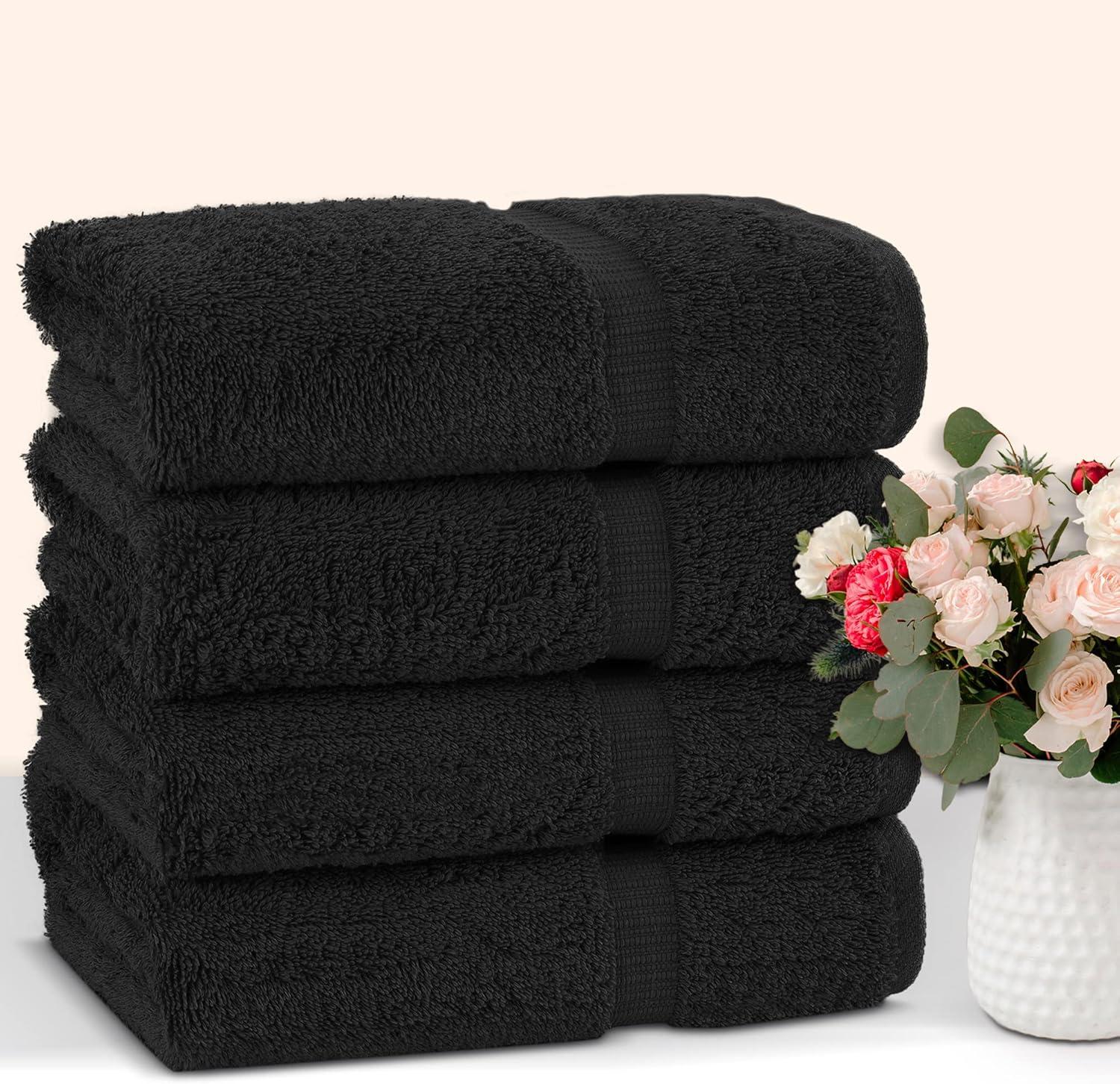 Luxury Hotel & Spa Ultra Soft Hand Towels 100% Turkish Cotton - Black - Set of 4