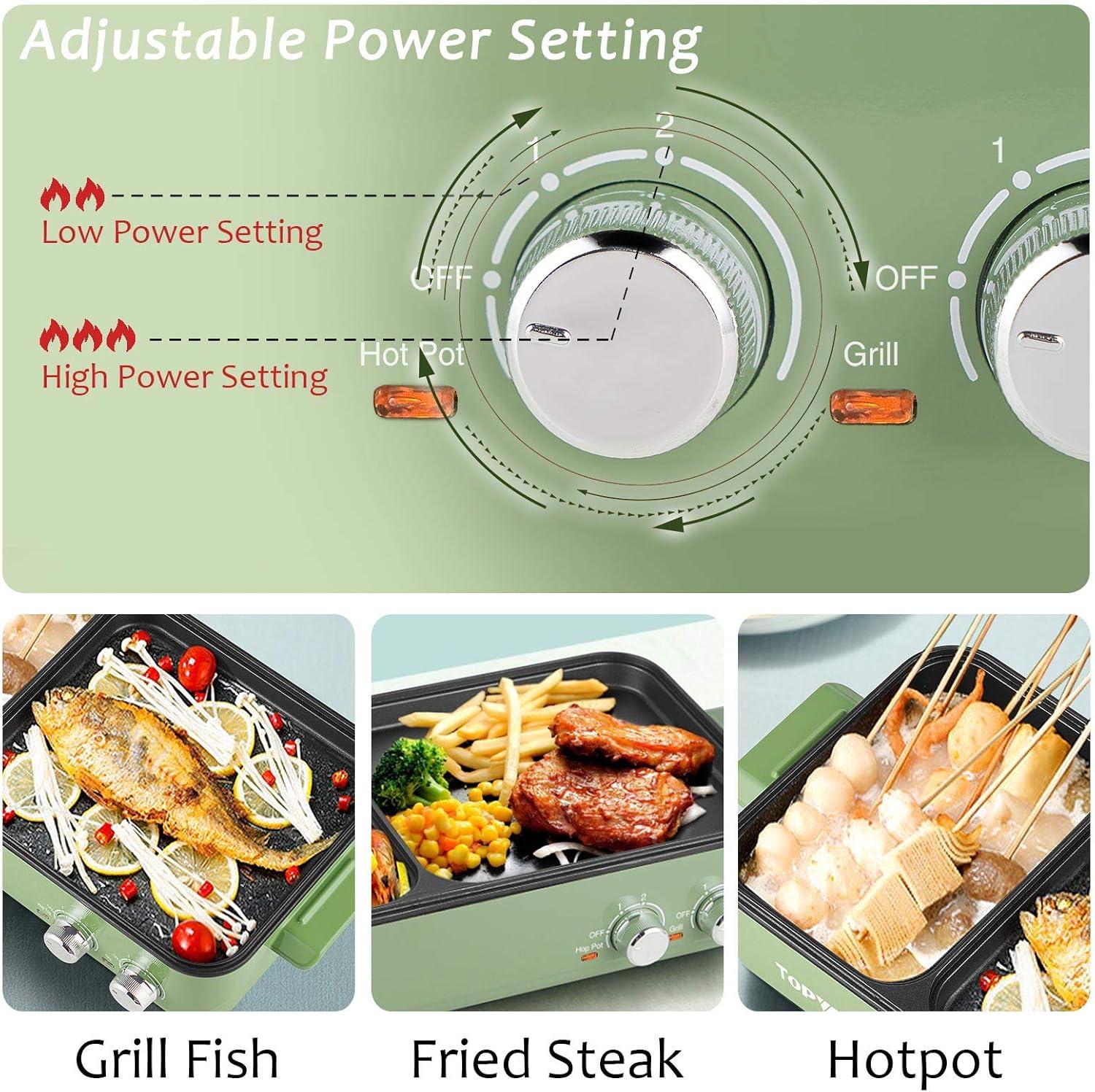 Topwit Hot Pot Electric with Grill, 2 in 1 Indoor Non-Stick Electric Pot and Griddle for Korean BBQ, Steaks, Shabu Shabu and Noodles, Independent Dual Temperature Control, Fast Heating, Green