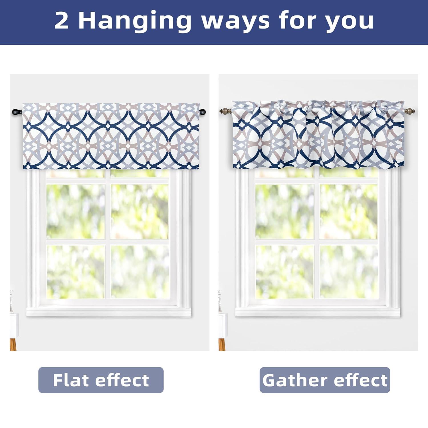 DriftAway Alexander Spiral Geo Trellis Pattern Window Curtain Valance Rod Pocket 52 Inch by 18 Inch Plus 2 Inch Header Navy and Gray 1 Pack