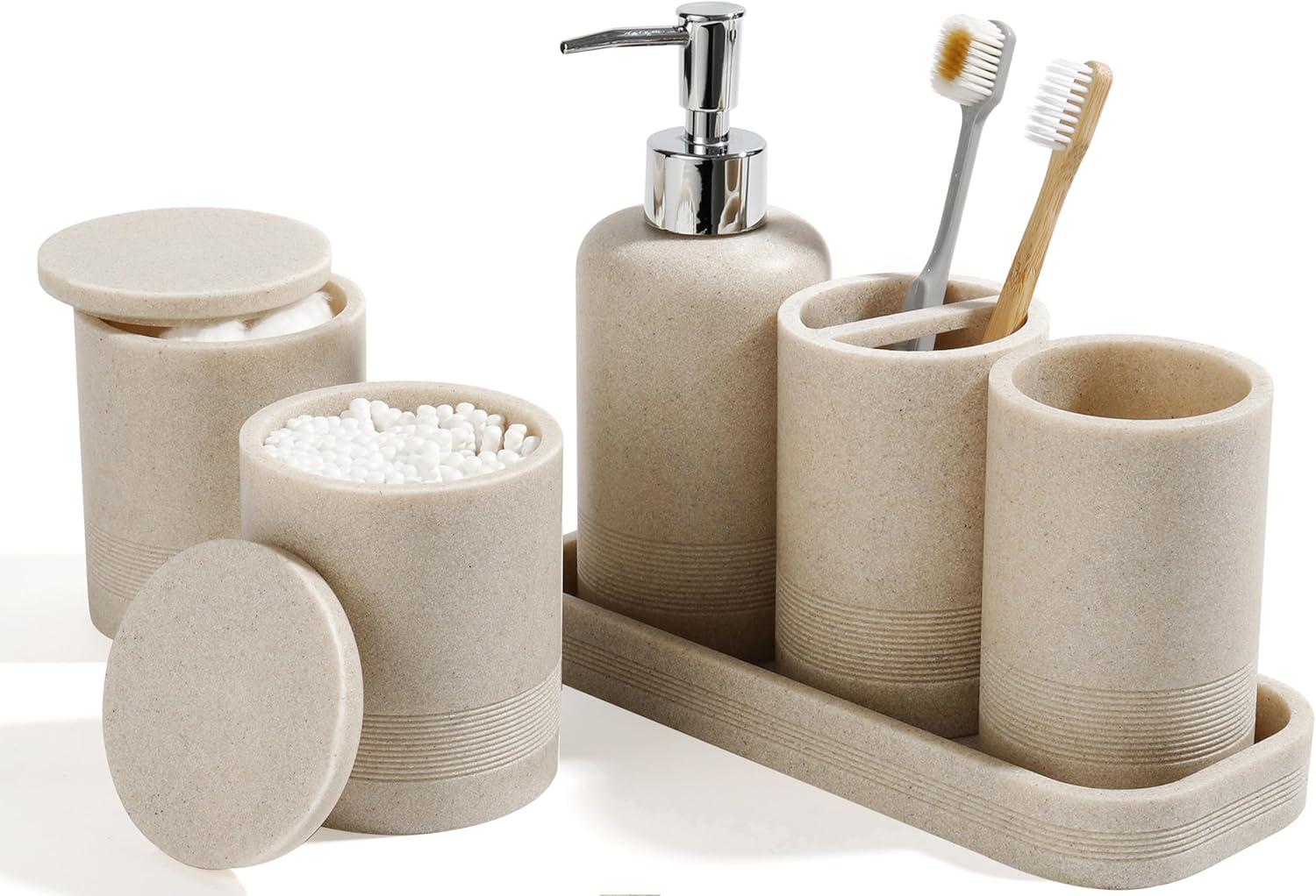 Beige Stone Textured 6-Piece Polyresin Bathroom Accessory Set