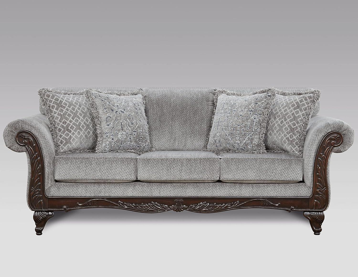 Roundhill Furniture Hernen Carved Wood Frame Polyester Sofa and Loveseat Set, Gray